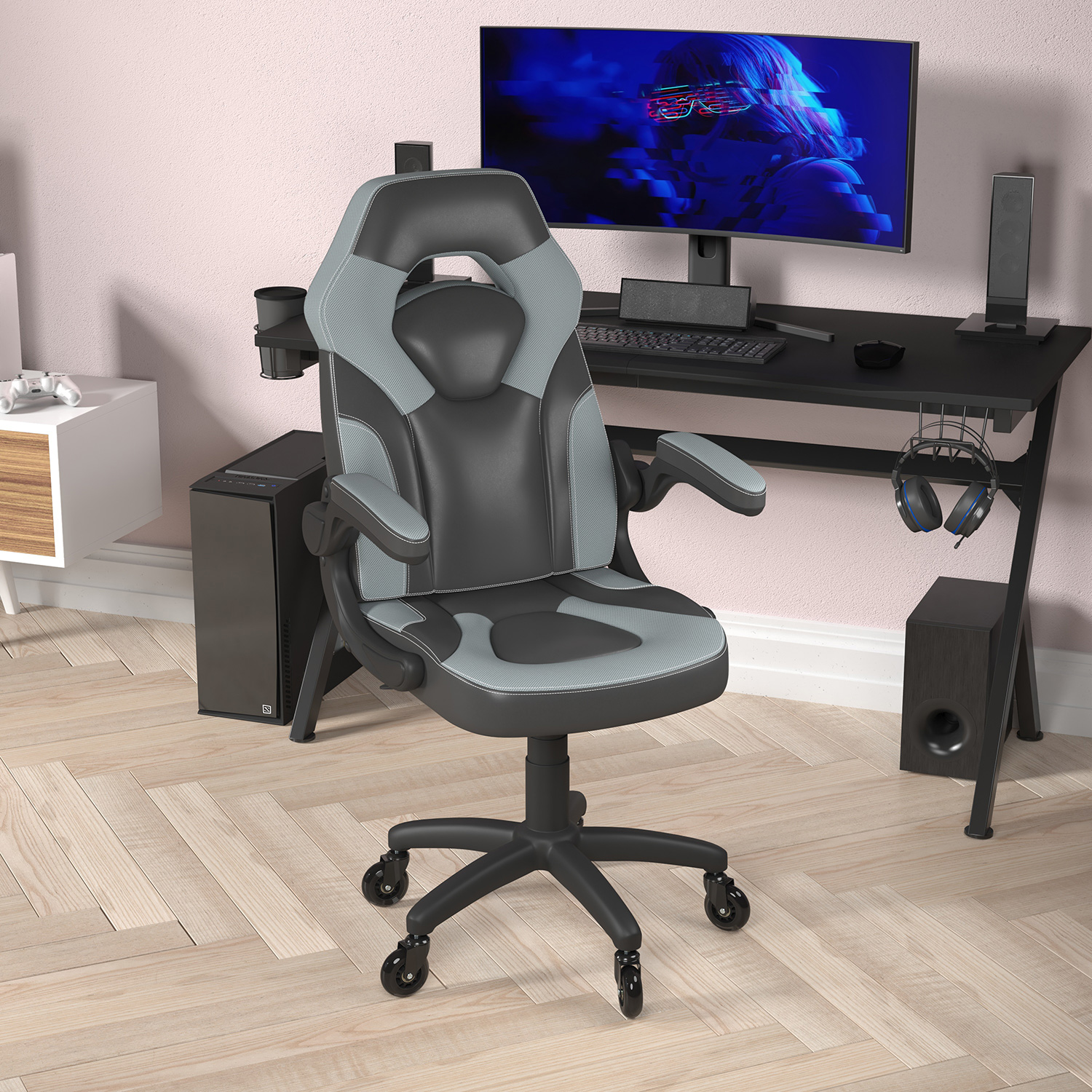 BLNK X10 Gaming Racing Office Computer PC Adjustable Chair with Flip-up Arms and Transparent Roller Wheels - Gray/Black