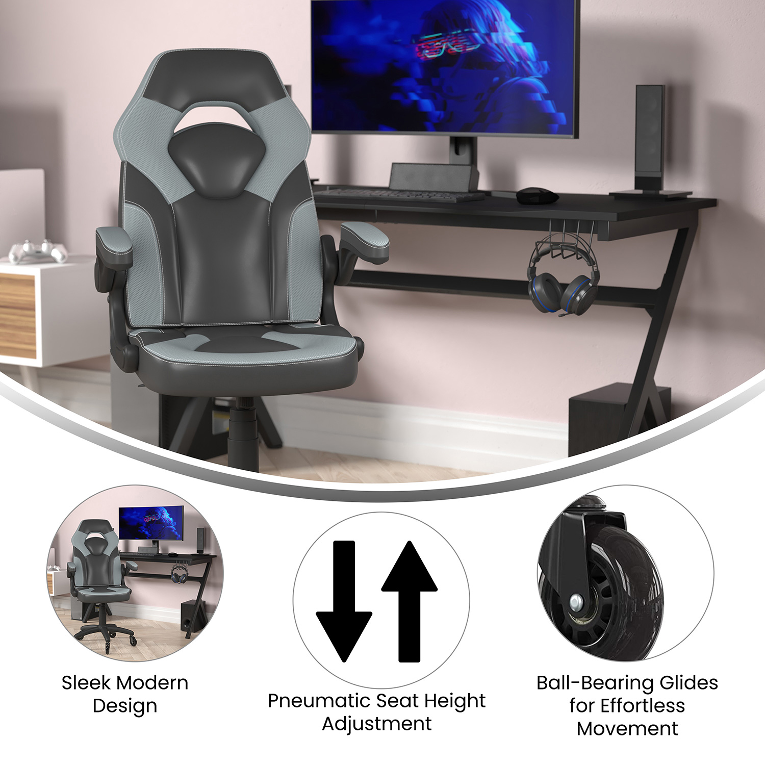 BLNK X10 Gaming Racing Office Computer PC Adjustable Chair with Flip-up Arms and Transparent Roller Wheels - Gray/Black