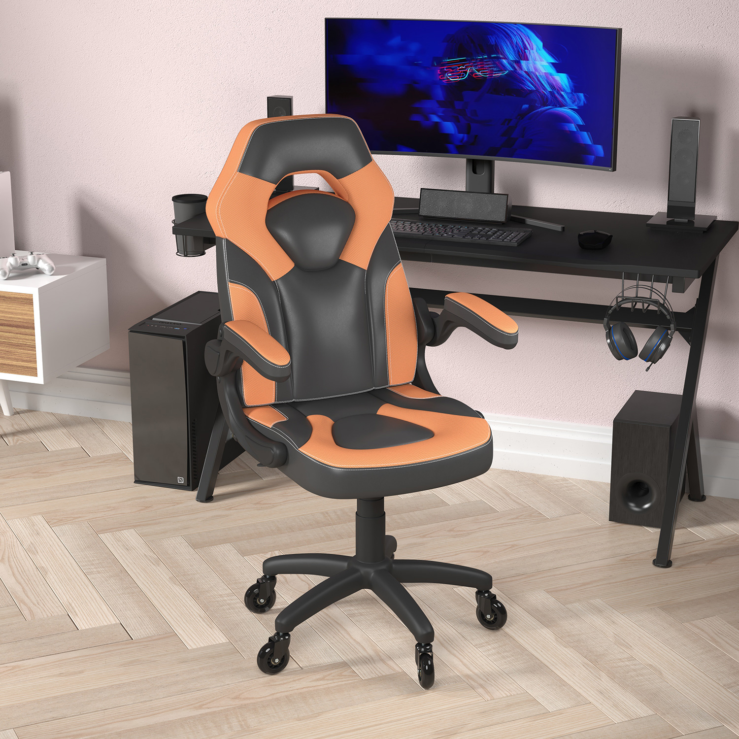 BLNK X10 Gaming Racing Office Computer PC Adjustable Chair with Flip-up Arms and Transparent Roller Wheels - Orange/Black