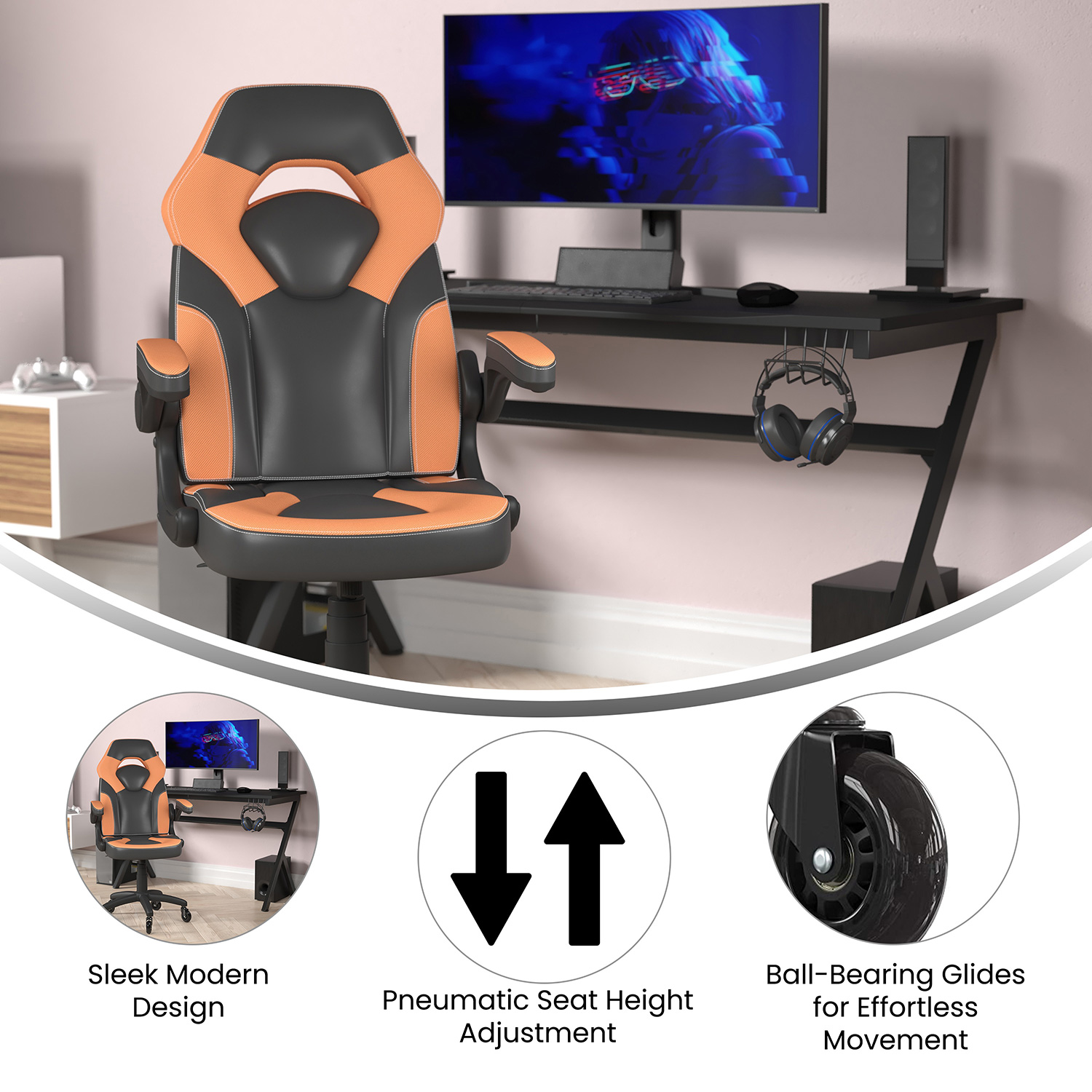 BLNK X10 Gaming Racing Office Computer PC Adjustable Chair with Flip-up Arms and Transparent Roller Wheels - Orange/Black