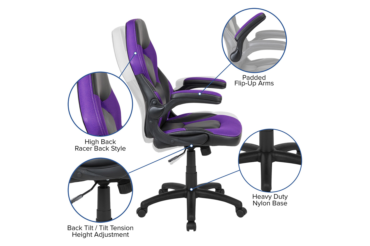 BLNK X10 Gaming Racing Office Ergonomic Computer PC Adjustable Swivel Chair with Flip-up Arms - Purple/Black