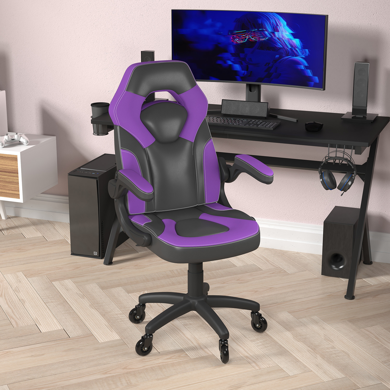 BLNK X10 Gaming Racing Office Computer PC Adjustable Chair with Flip-up Arms and Transparent Roller Wheels - Purple/Black