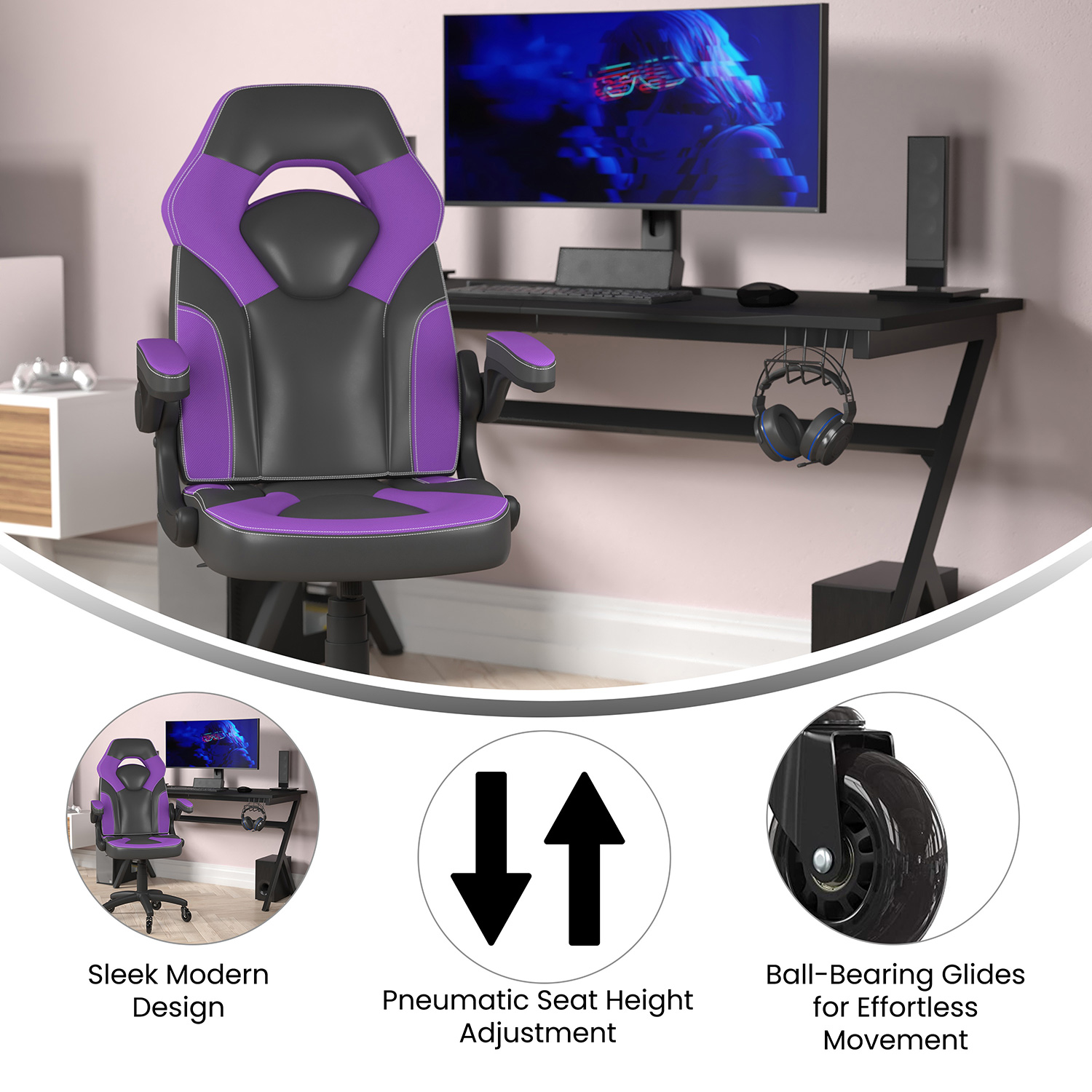 BLNK X10 Gaming Racing Office Computer PC Adjustable Chair with Flip-up Arms and Transparent Roller Wheels - Purple/Black