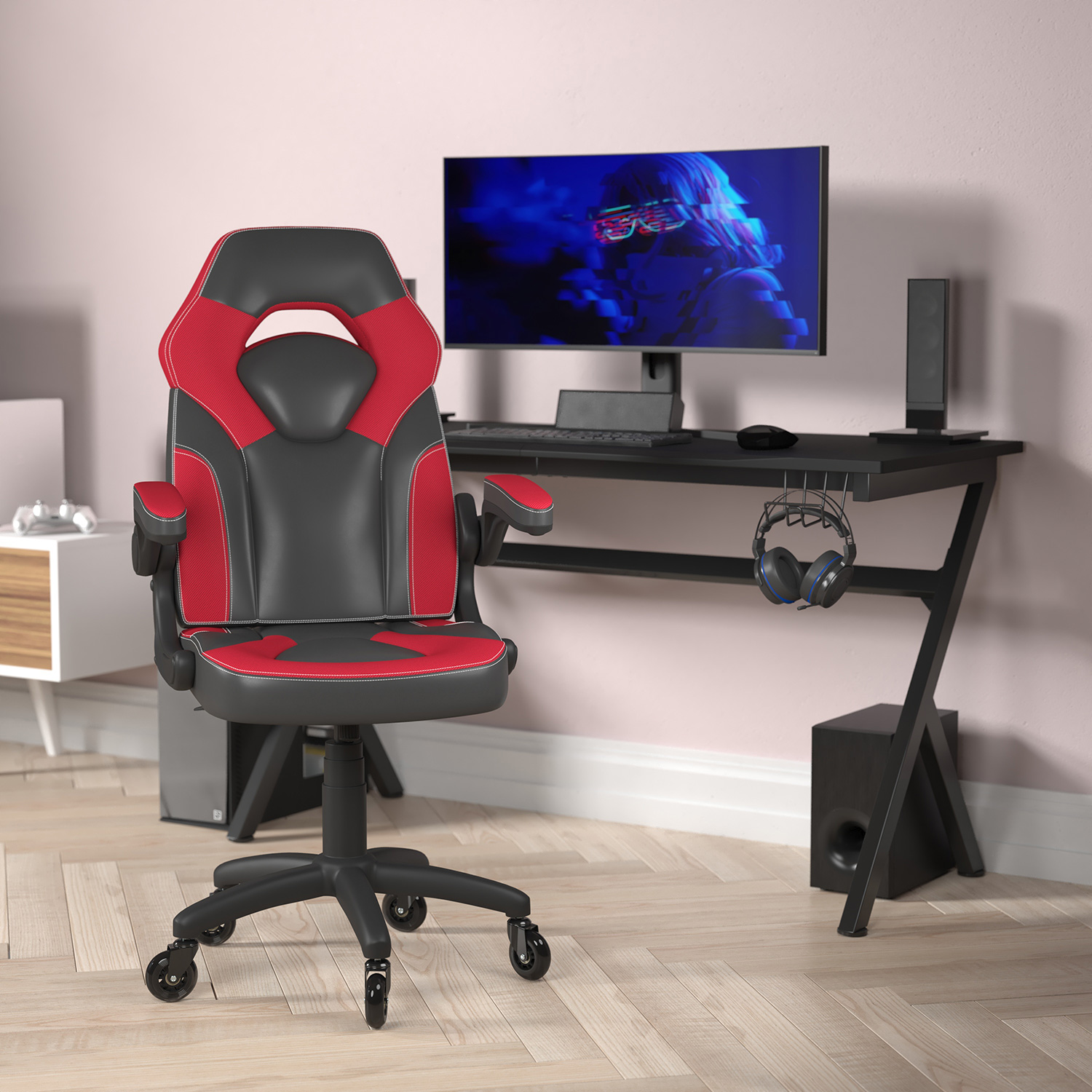 BLNK X10 Gaming Racing Office Computer PC Adjustable Chair with Flip-up Arms and Transparent Roller Wheels