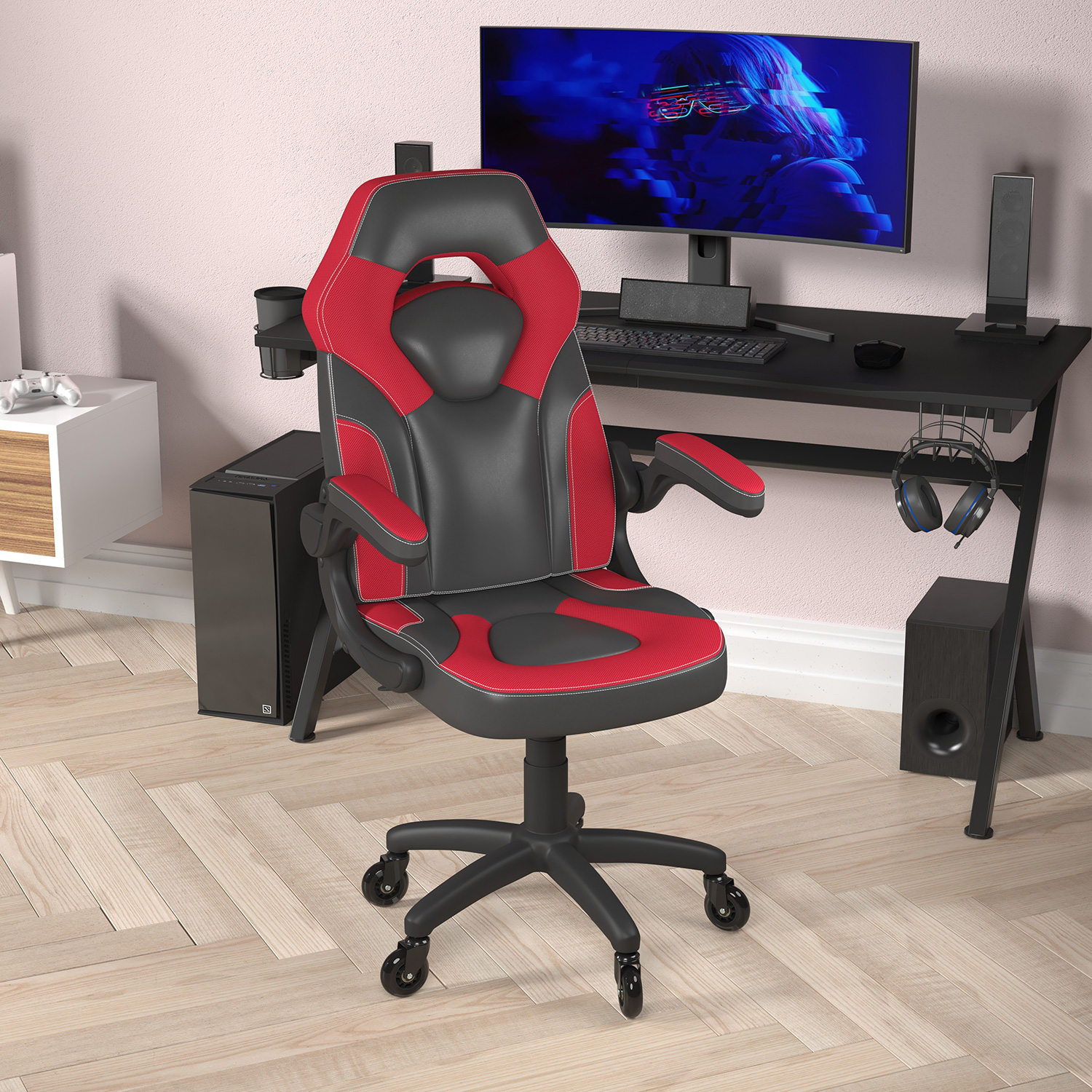 BLNK X10 Gaming Racing Office Computer PC Adjustable Chair with Flip-up Arms and Transparent Roller Wheels - Red/Black