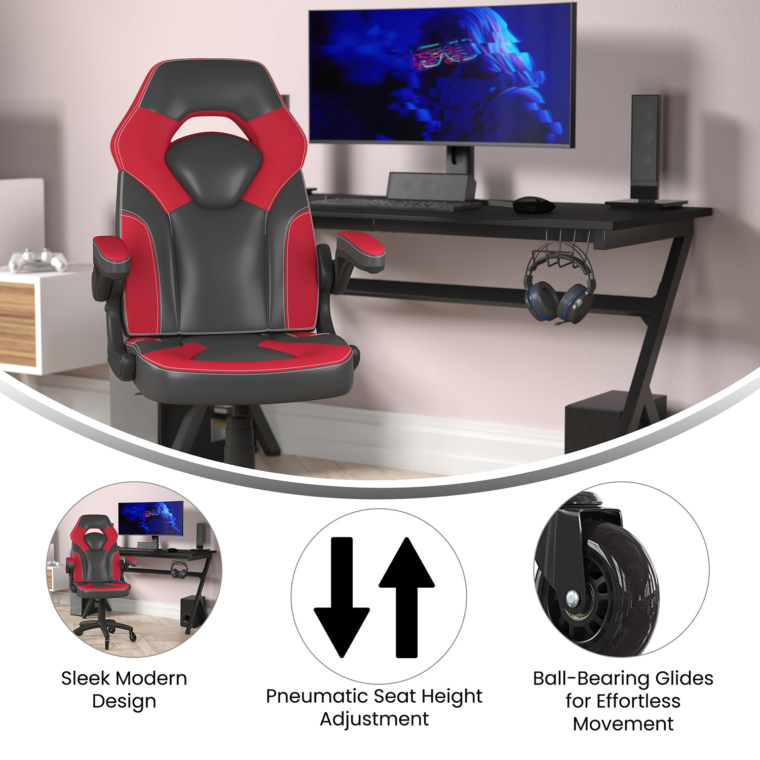 BLNK X10 Gaming Racing Office Computer PC Adjustable Chair with Flip-up Arms and Transparent Roller Wheels - Red/Black