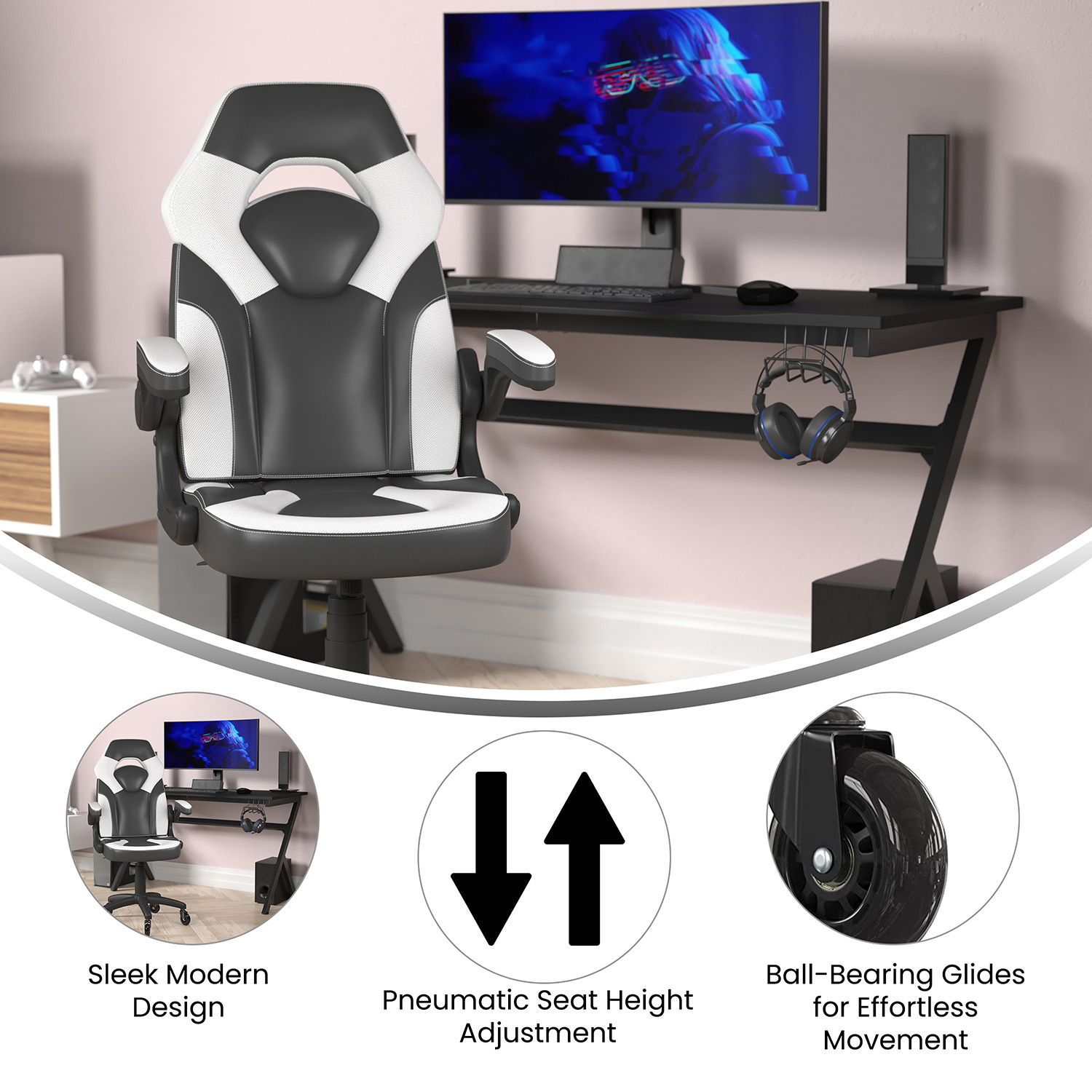 BLNK X10 Gaming Racing Office Computer PC Adjustable Chair with Flip-up Arms and Transparent Roller Wheels - White/Black