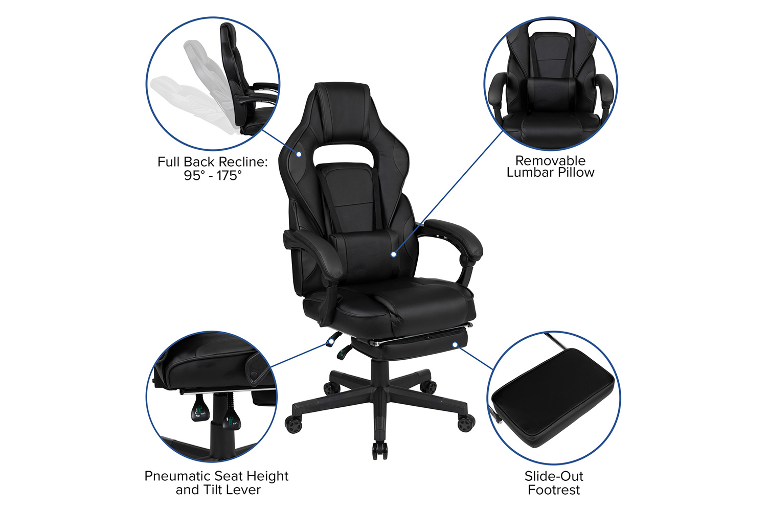 BLNK X40 Gaming Racing Ergonomic Computer Chair with Fully Reclining Back/Arms, Slide-Out Footrest, Massaging Lumbar - Black