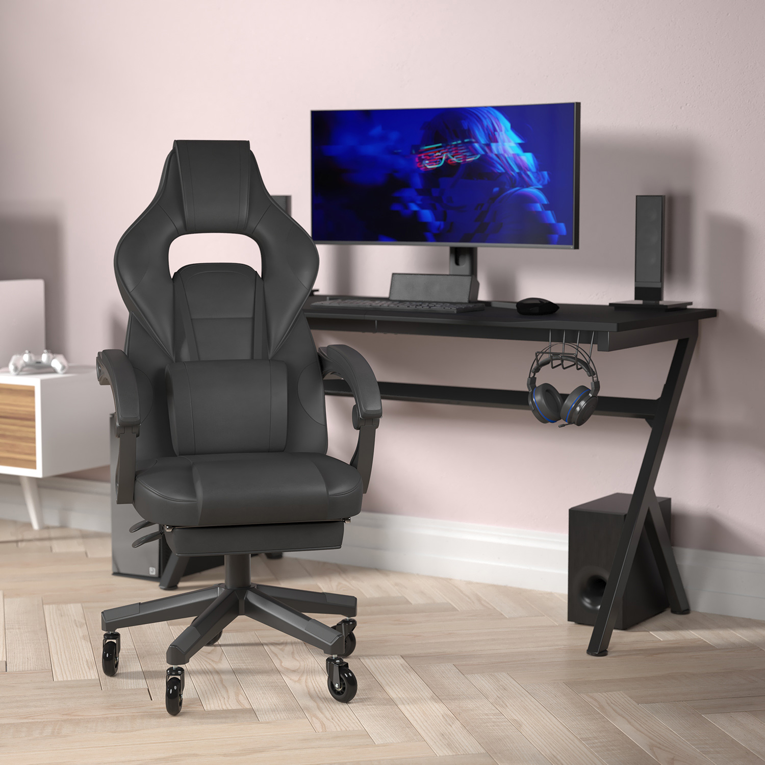 BLNK X40 Gaming Racing Computer Chair with Fully Reclining Back/Arms and Transparent Roller Wheels, Slide-Out Footrest