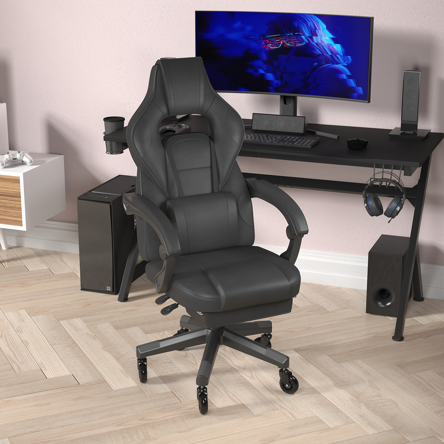 BLNK X40 Gaming Racing Computer Chair with Fully Reclining Back/Arms and Transparent Roller Wheels, Slide-Out Footrest - Black