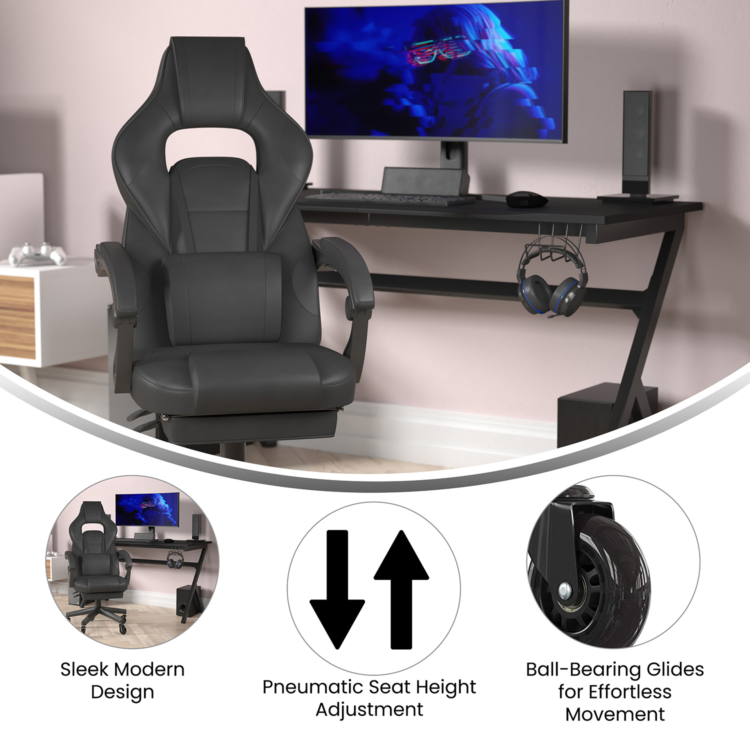 BLNK X40 Gaming Racing Computer Chair with Fully Reclining Back/Arms and Transparent Roller Wheels, Slide-Out Footrest - Black