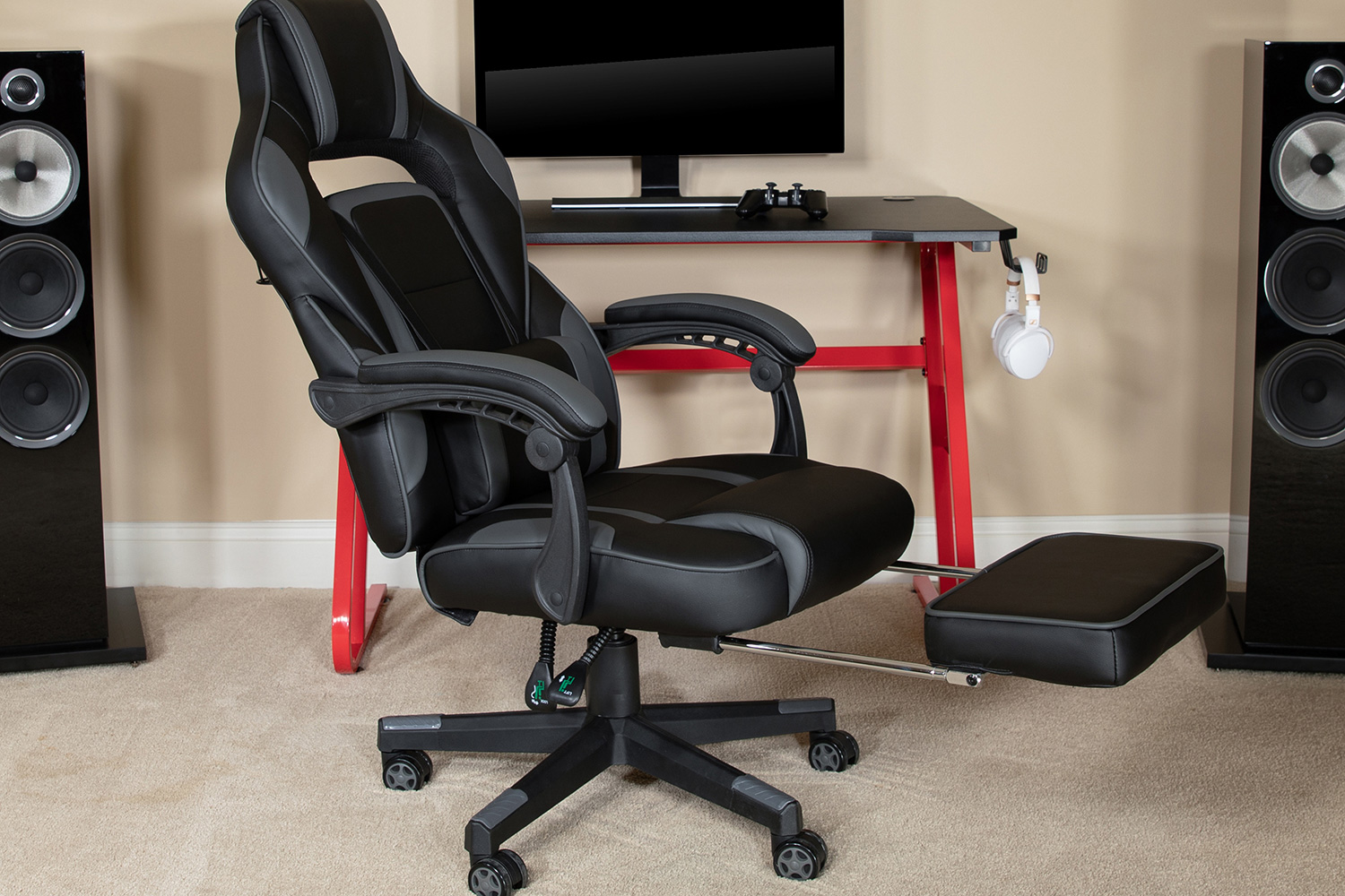 BLNK X40 Gaming Racing Ergonomic Computer Chair with Fully Reclining Back/Arms, Slide-Out Footrest, Massaging Lumbar - Black/Gray