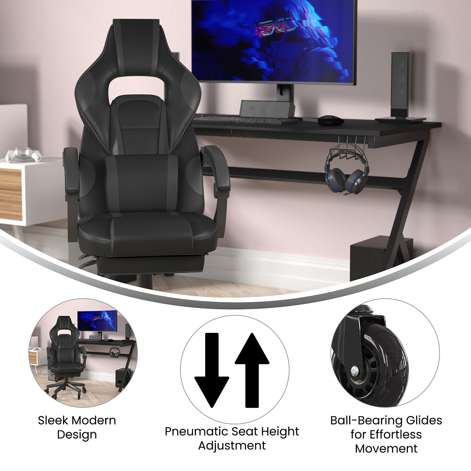 BLNK X40 Gaming Racing Computer Chair with Fully Reclining Back/Arms and Transparent Roller Wheels, Slide-Out Footrest - Black/Gray