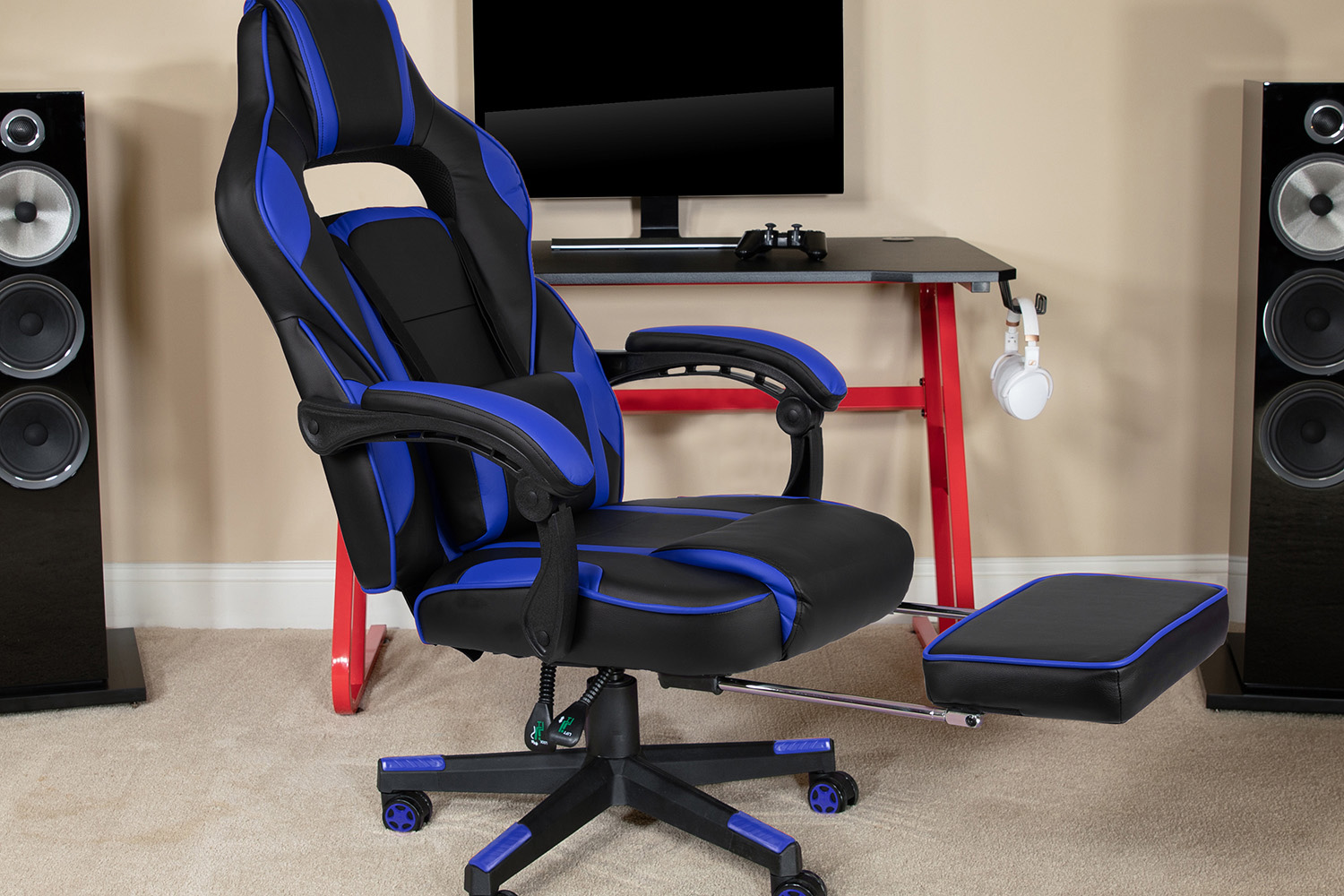 BLNK X40 Gaming Racing Ergonomic Computer Chair with Fully Reclining Back/Arms, Slide-Out Footrest, Massaging Lumbar - Black/Blue