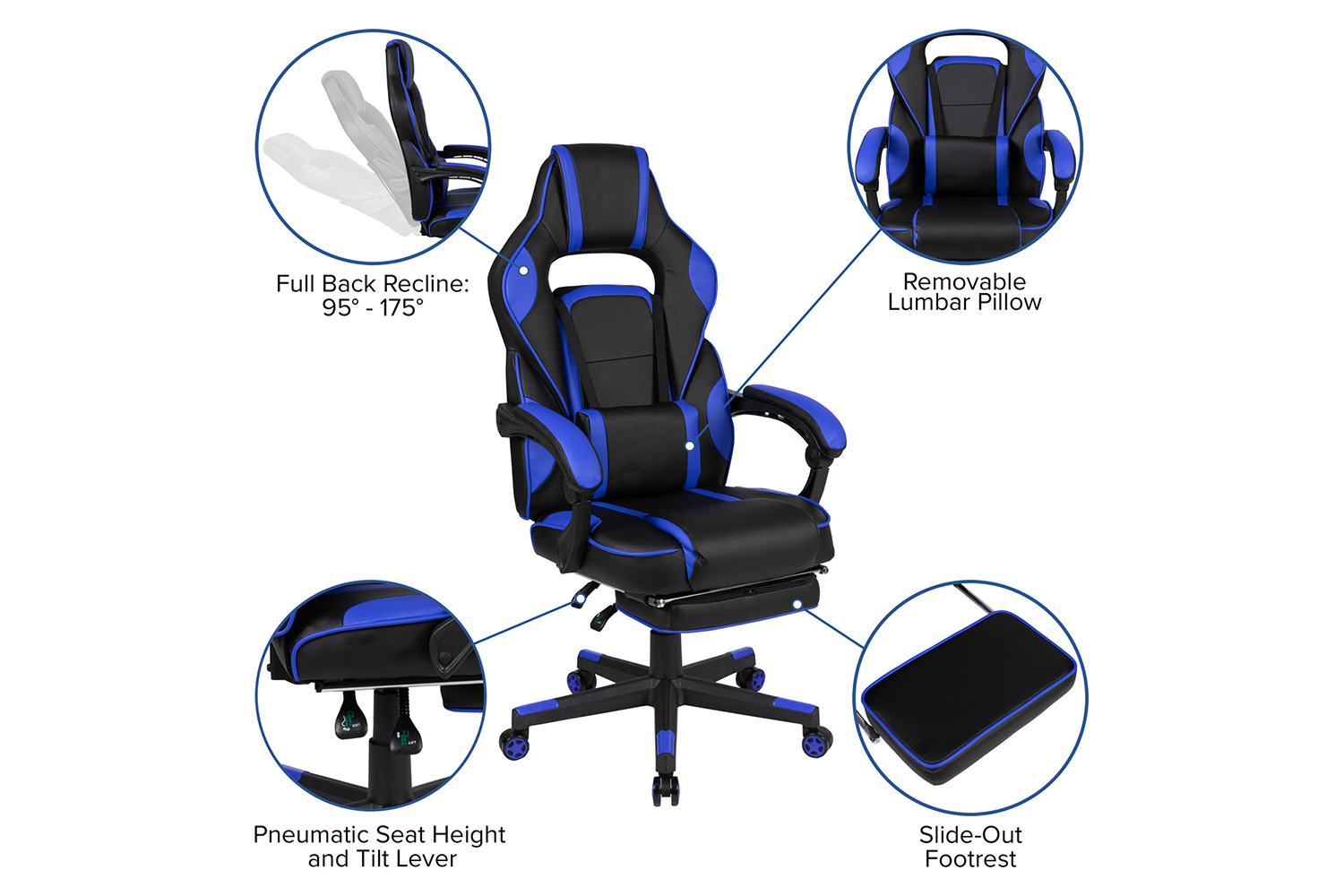 BLNK X40 Gaming Racing Ergonomic Computer Chair with Fully Reclining Back/Arms, Slide-Out Footrest, Massaging Lumbar - Black/Blue