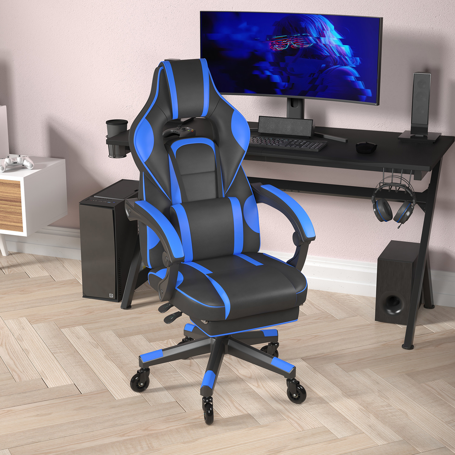 BLNK X40 Gaming Racing Computer Chair with Fully Reclining Back/Arms and Transparent Roller Wheels, Slide-Out Footrest - Black/Blue