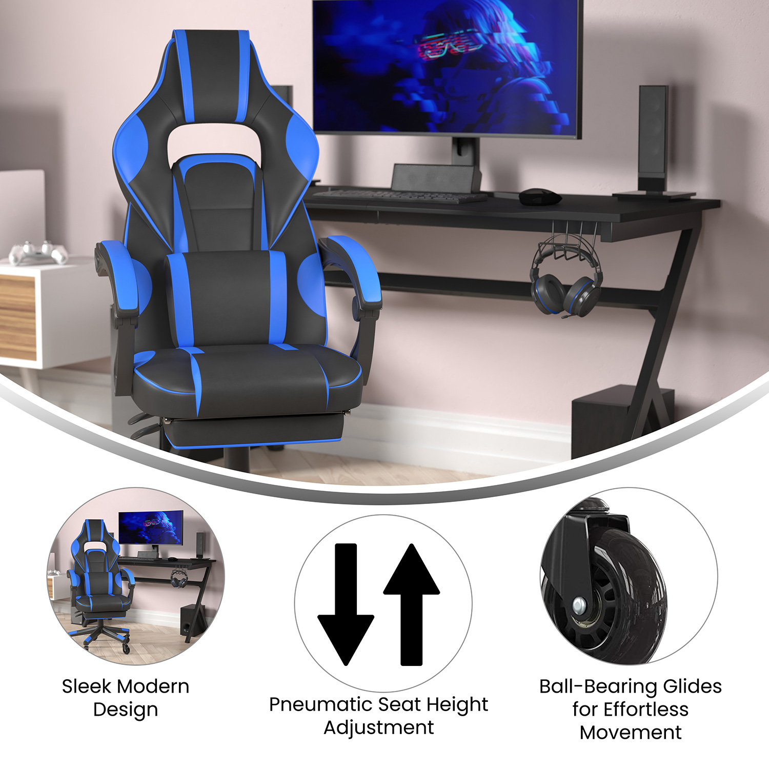 BLNK X40 Gaming Racing Computer Chair with Fully Reclining Back/Arms and Transparent Roller Wheels, Slide-Out Footrest - Black/Blue