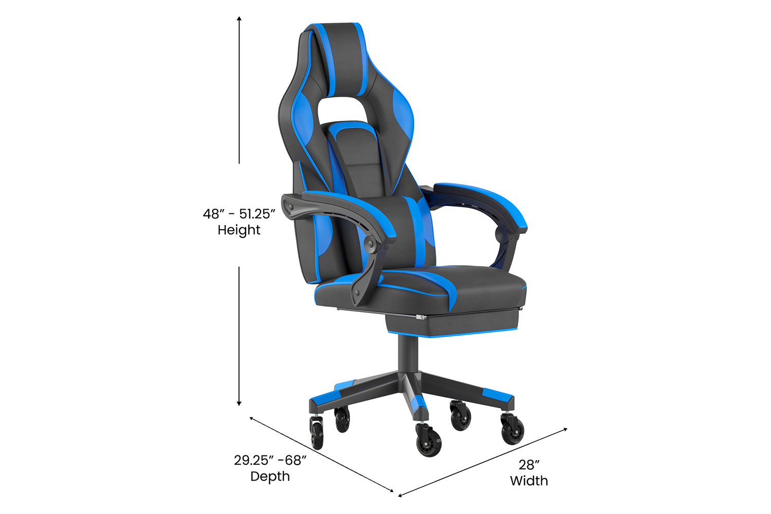 BLNK X40 Gaming Racing Computer Chair with Fully Reclining Back/Arms and Transparent Roller Wheels, Slide-Out Footrest - Black/Blue