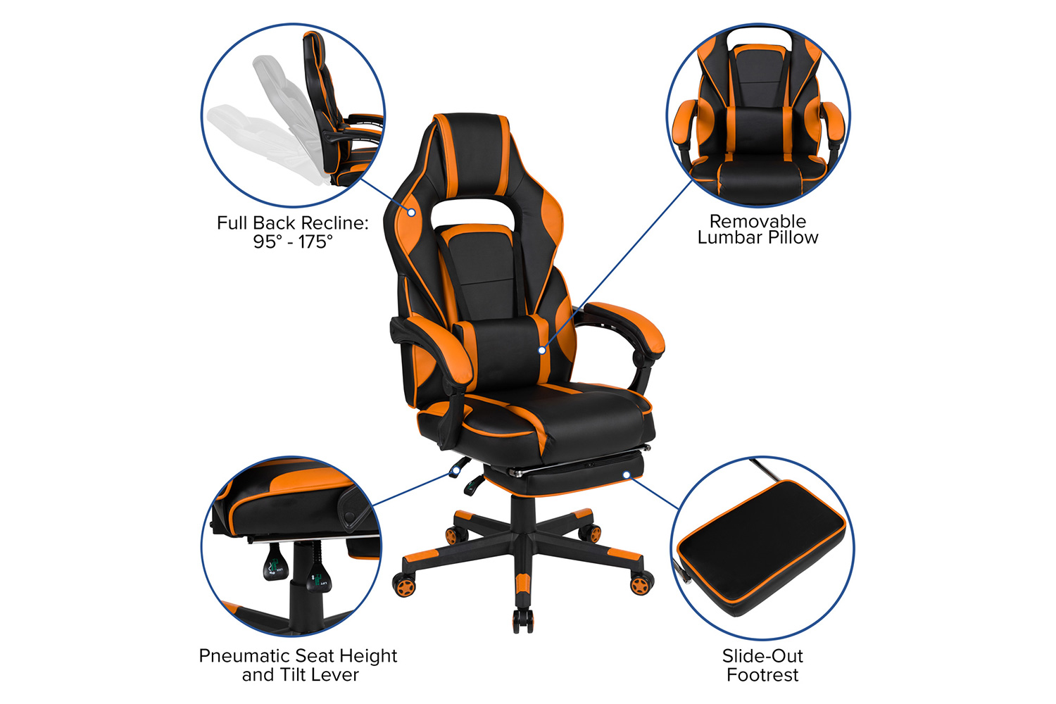 BLNK X40 Gaming Racing Ergonomic Computer Chair with Fully Reclining Back/Arms, Slide-Out Footrest, Massaging Lumbar - Black/Orange