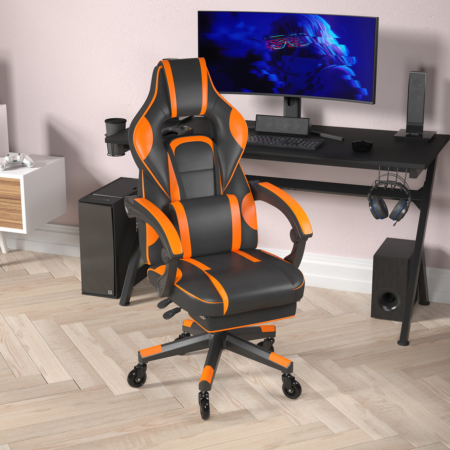 BLNK X40 Gaming Racing Computer Chair with Fully Reclining Back/Arms and Transparent Roller Wheels, Slide-Out Footrest - Black/Orange