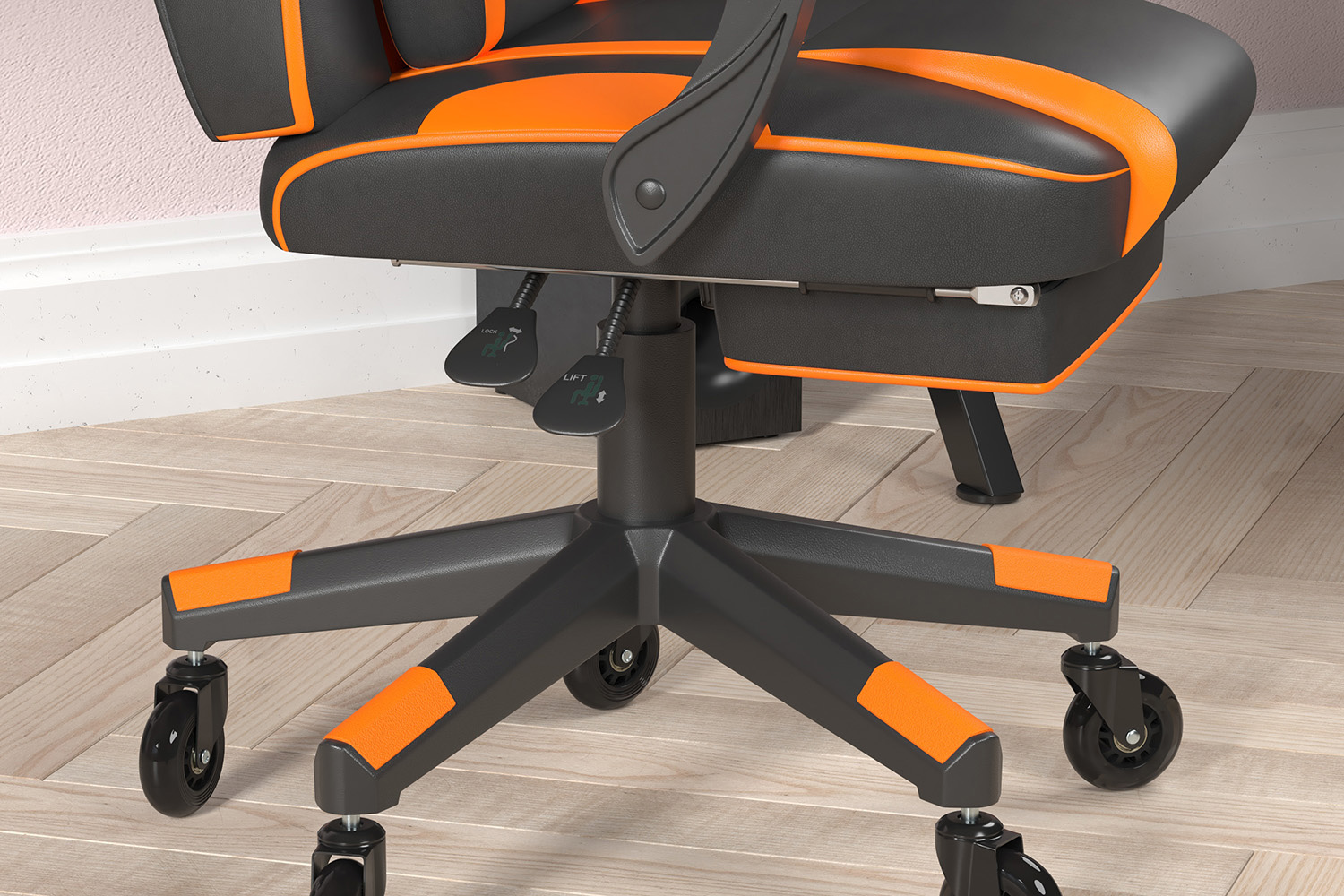 BLNK X40 Gaming Racing Computer Chair with Fully Reclining Back/Arms and Transparent Roller Wheels, Slide-Out Footrest - Black/Orange