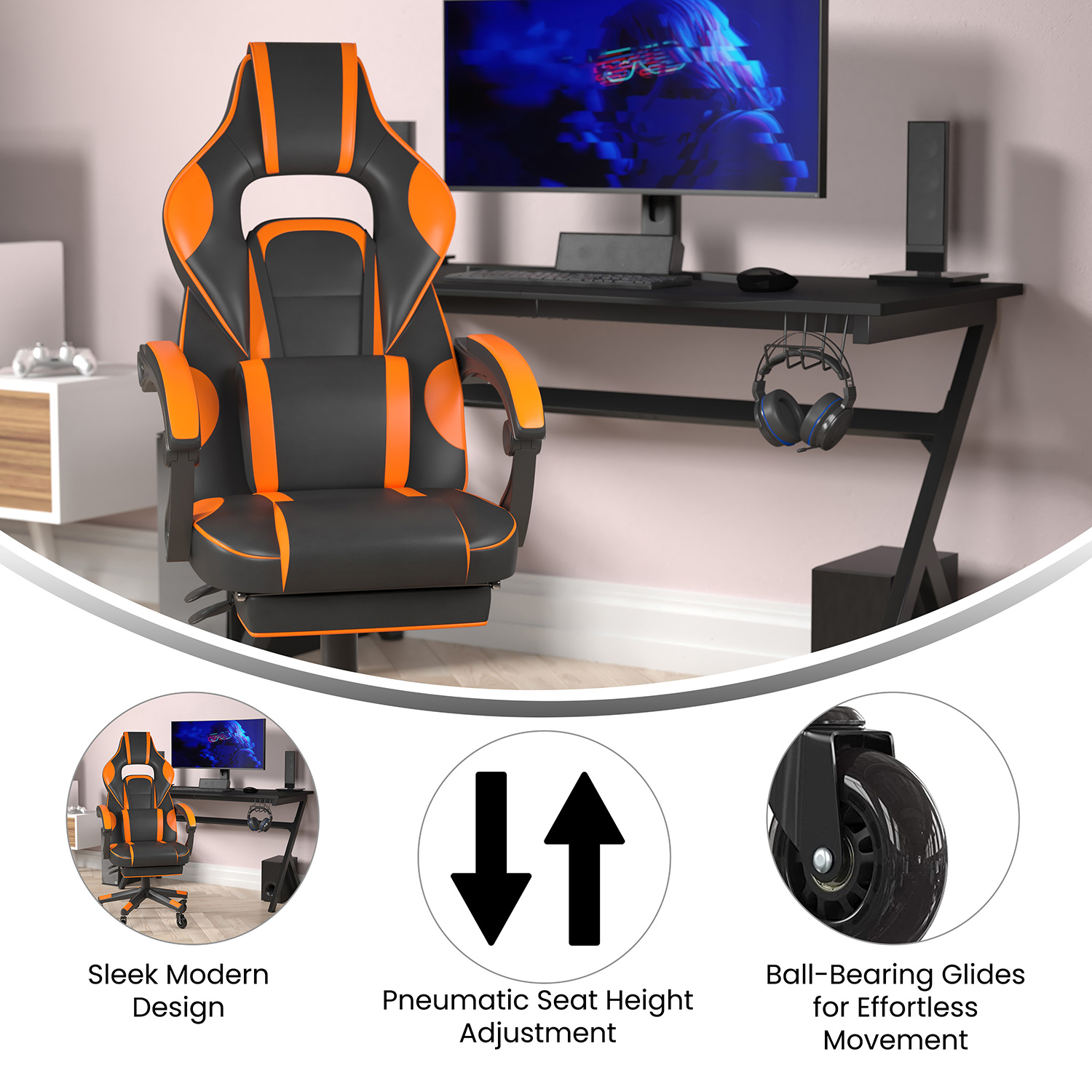 BLNK X40 Gaming Racing Computer Chair with Fully Reclining Back/Arms and Transparent Roller Wheels, Slide-Out Footrest - Black/Orange