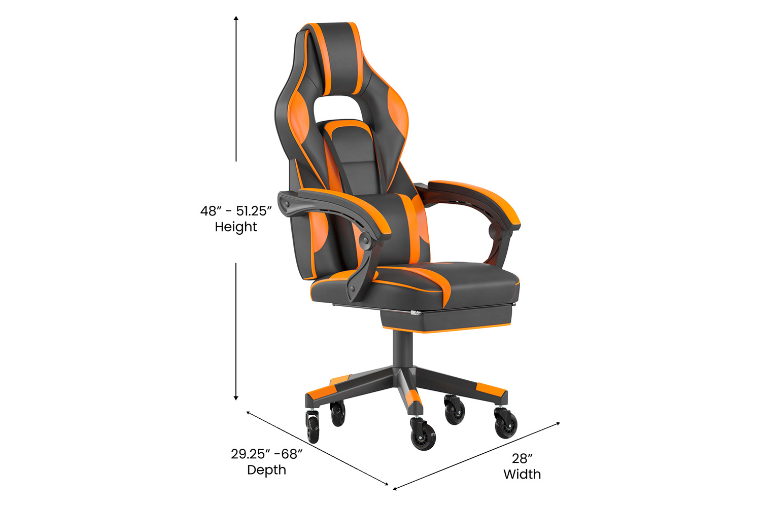 BLNK X40 Gaming Racing Computer Chair with Fully Reclining Back/Arms and Transparent Roller Wheels, Slide-Out Footrest - Black/Orange