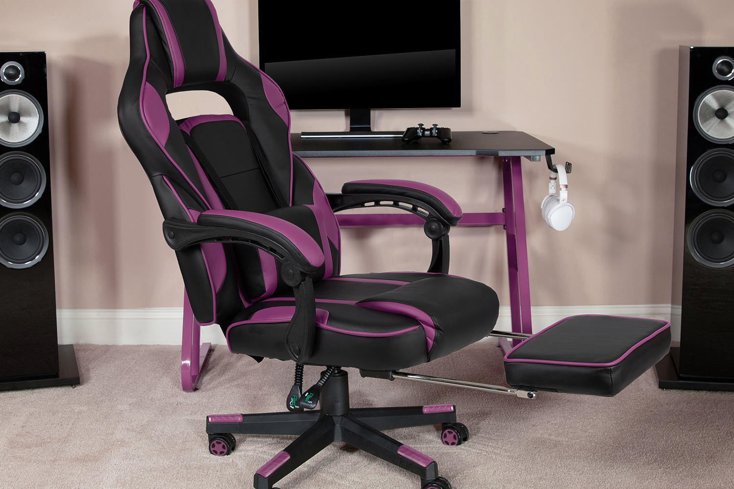 BLNK X40 Gaming Racing Ergonomic Computer Chair with Fully Reclining Back/Arms, Slide-Out Footrest, Massaging Lumbar - Black/Purple