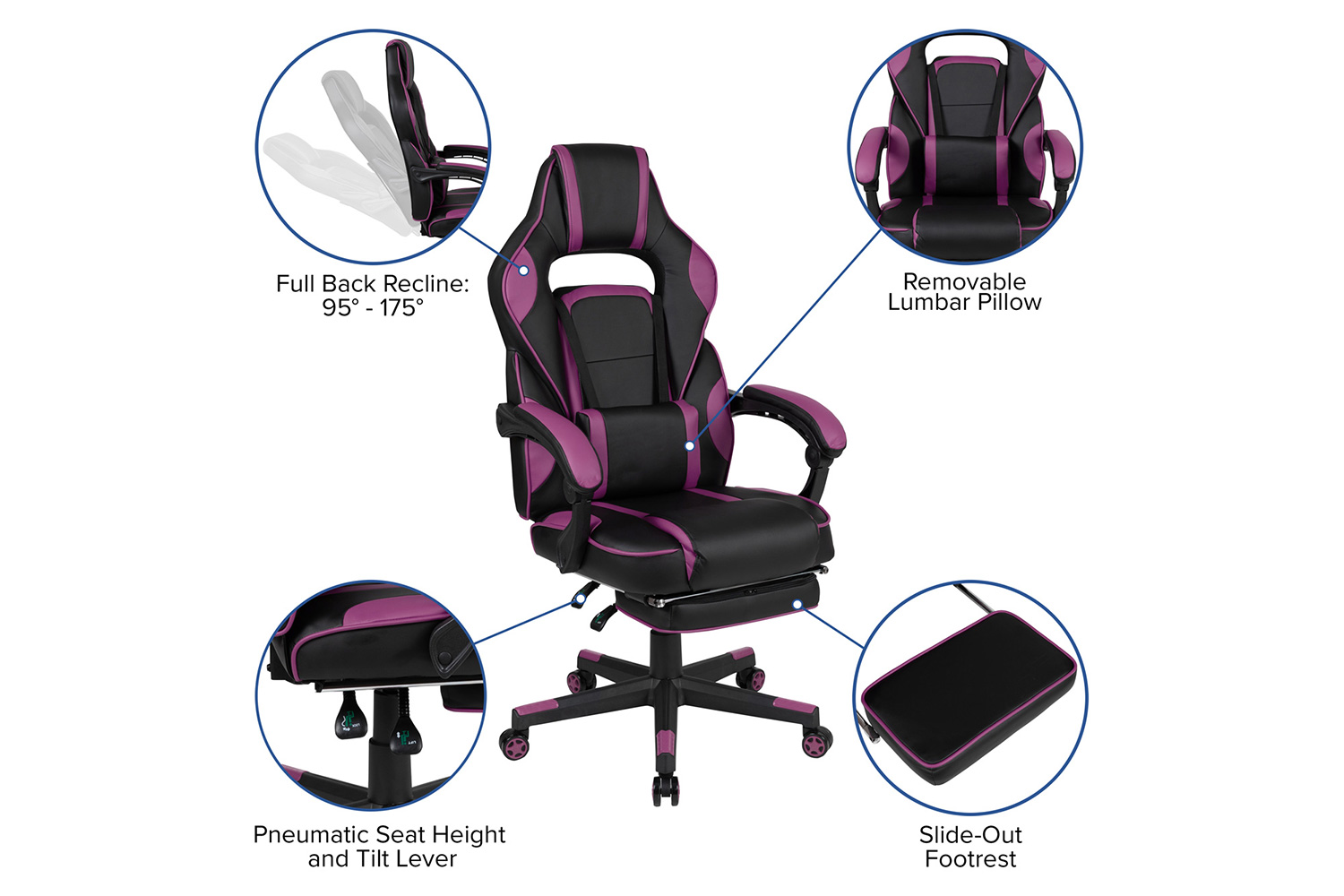 BLNK X40 Gaming Racing Ergonomic Computer Chair with Fully Reclining Back/Arms, Slide-Out Footrest, Massaging Lumbar - Black/Purple