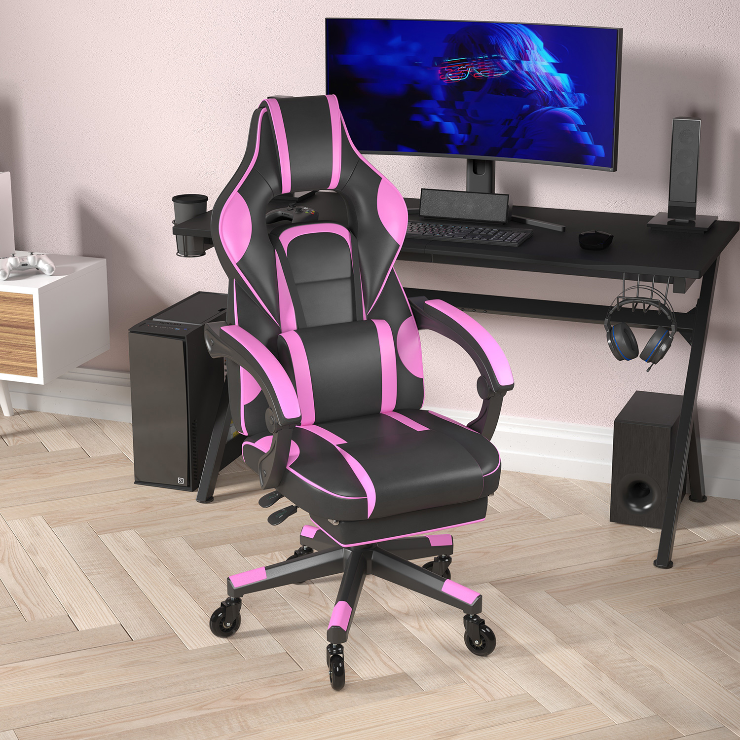 BLNK X40 Gaming Racing Computer Chair with Fully Reclining Back/Arms and Transparent Roller Wheels, Slide-Out Footrest - Black/Purple