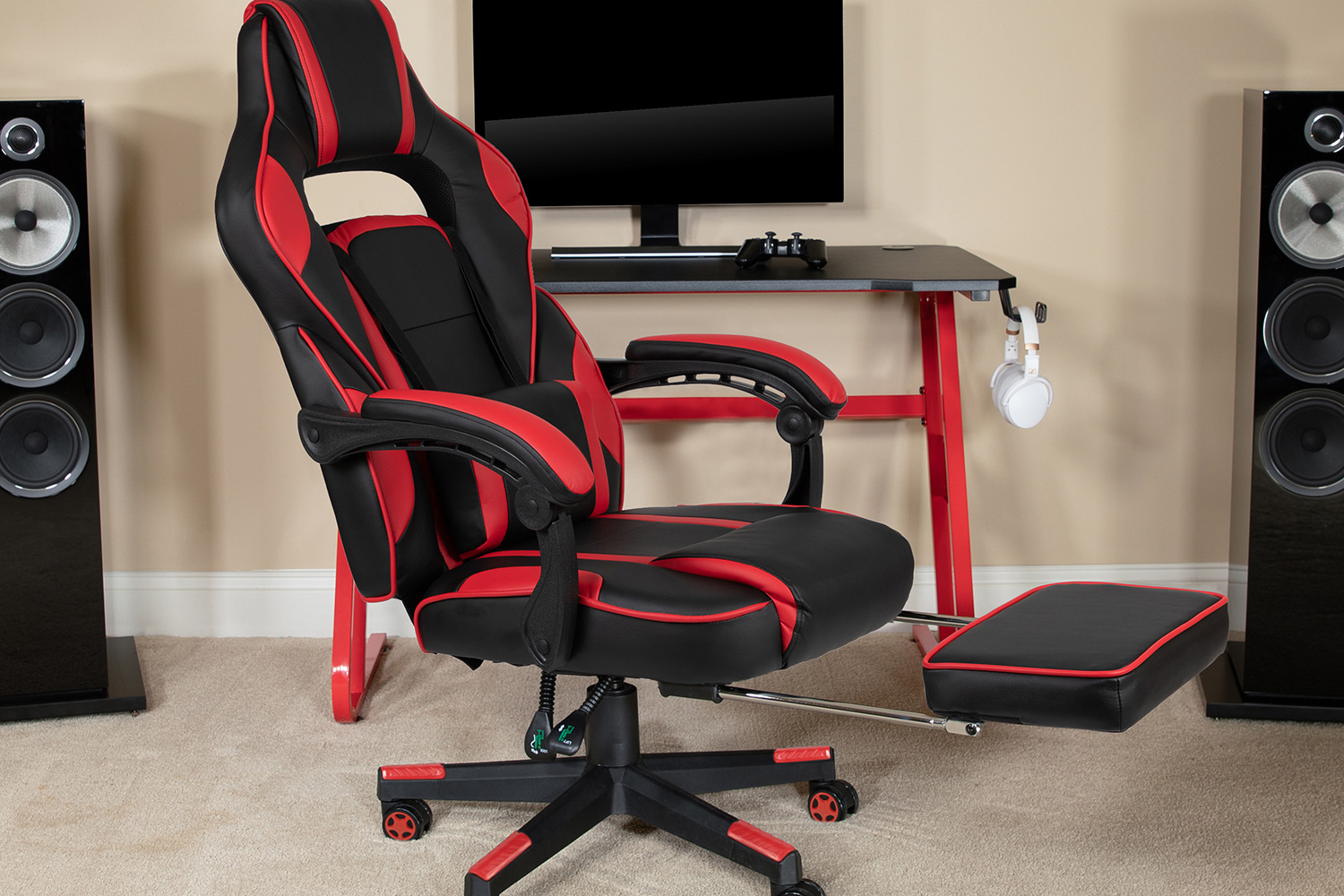 BLNK X40 Gaming Racing Ergonomic Computer Chair with Fully Reclining Back/Arms, Slide-Out Footrest, Massaging Lumbar - Red