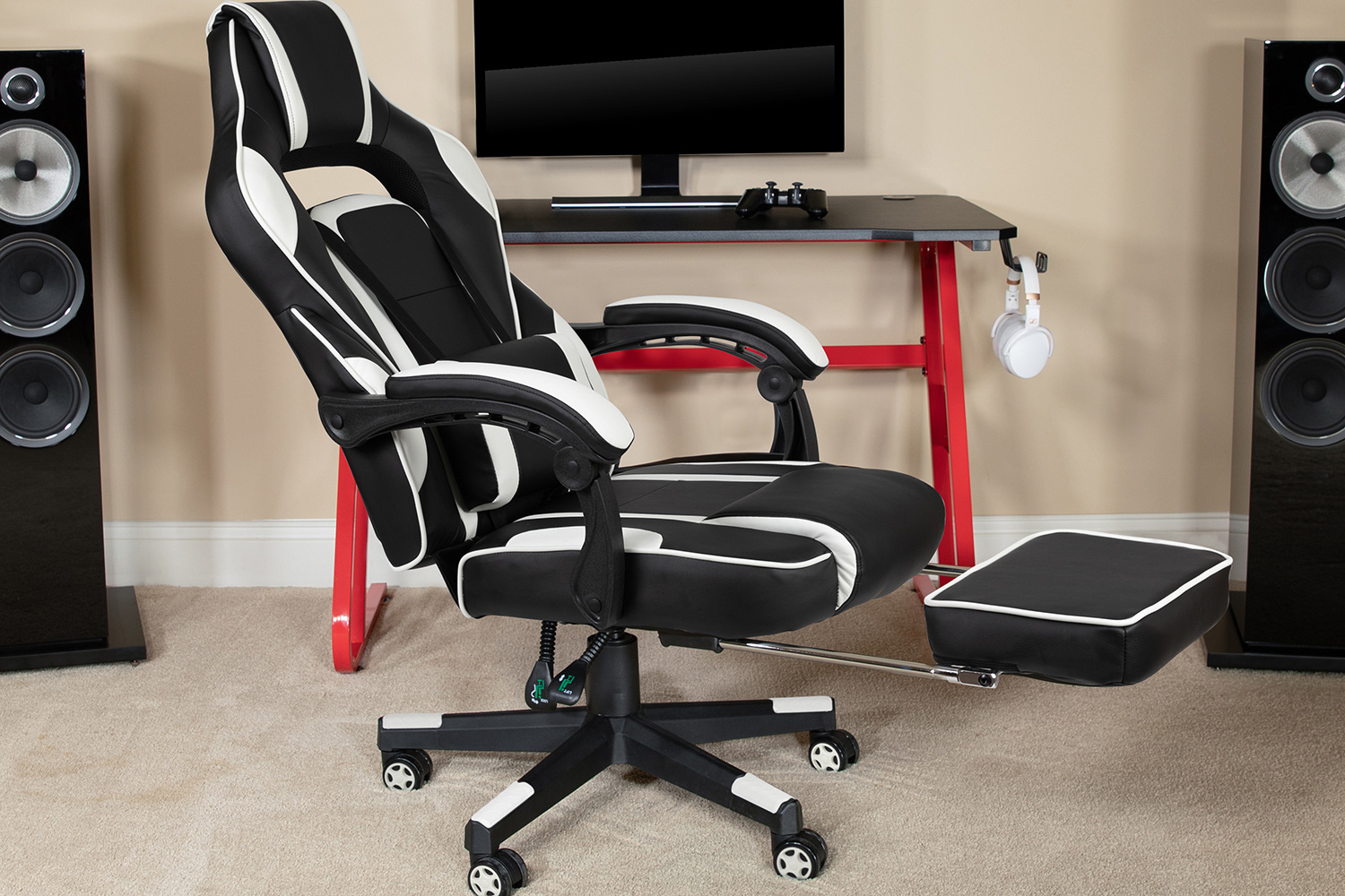 BLNK X40 Gaming Racing Ergonomic Computer Chair with Fully Reclining Back/Arms, Slide-Out Footrest, Massaging Lumbar - White