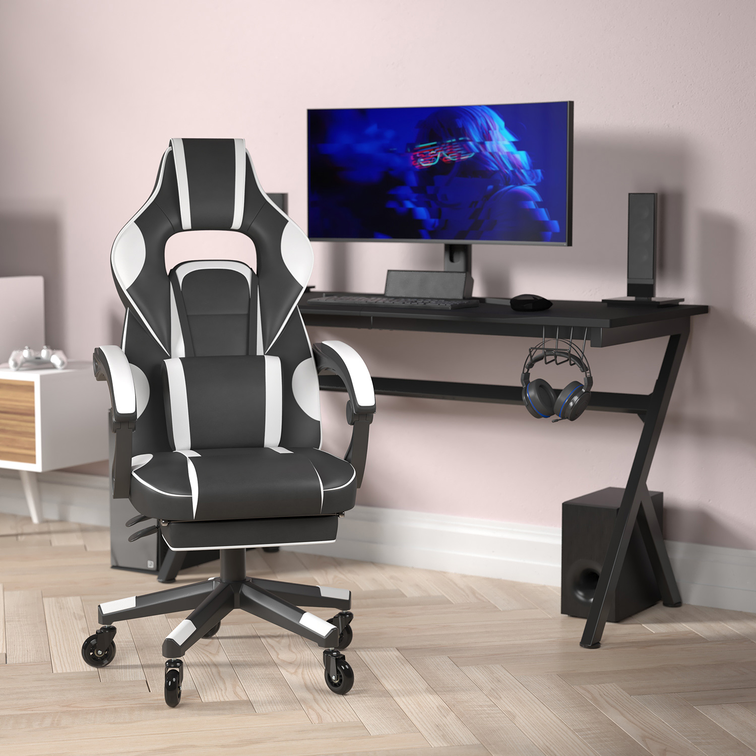 BLNK X40 Gaming Racing Computer Chair with Fully Reclining Back/Arms and Transparent Roller Wheels, Slide-Out Footrest