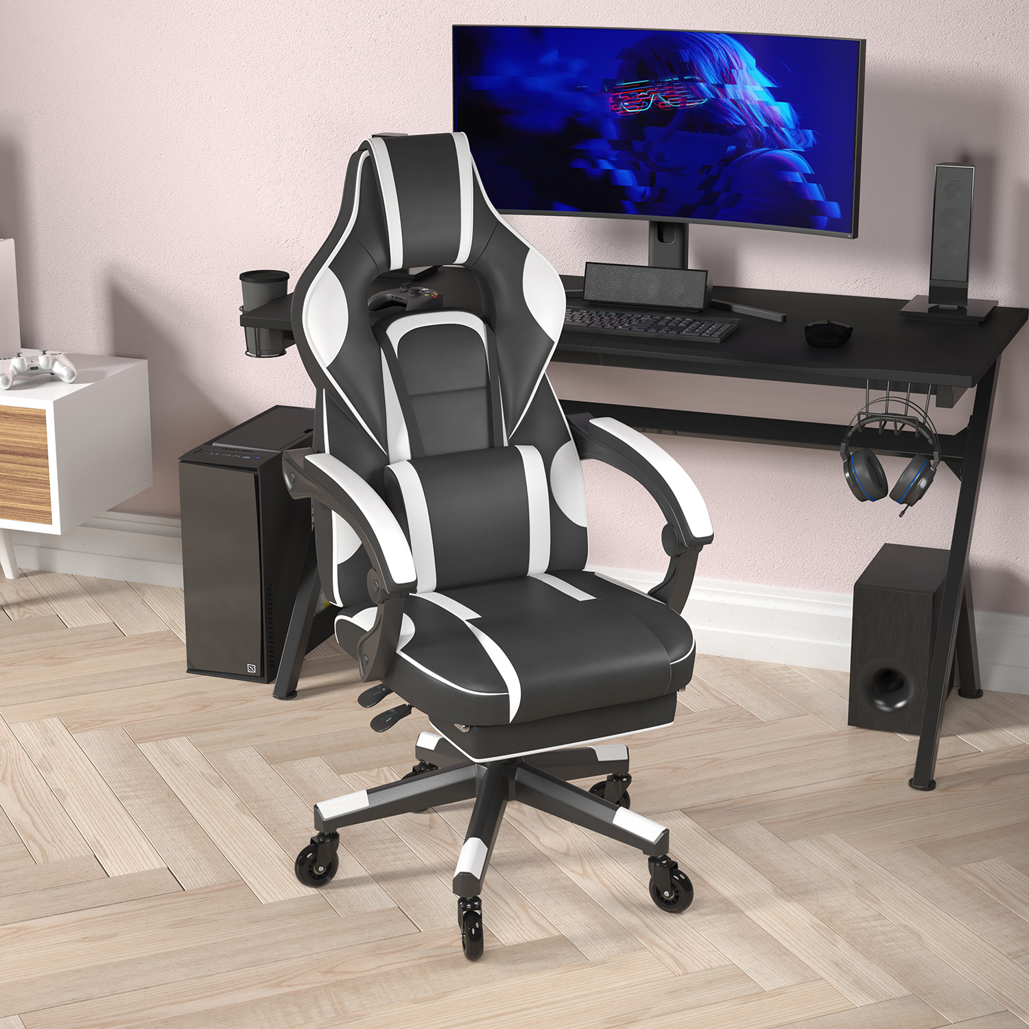 BLNK X40 Gaming Racing Computer Chair with Fully Reclining Back/Arms and Transparent Roller Wheels, Slide-Out Footrest - White