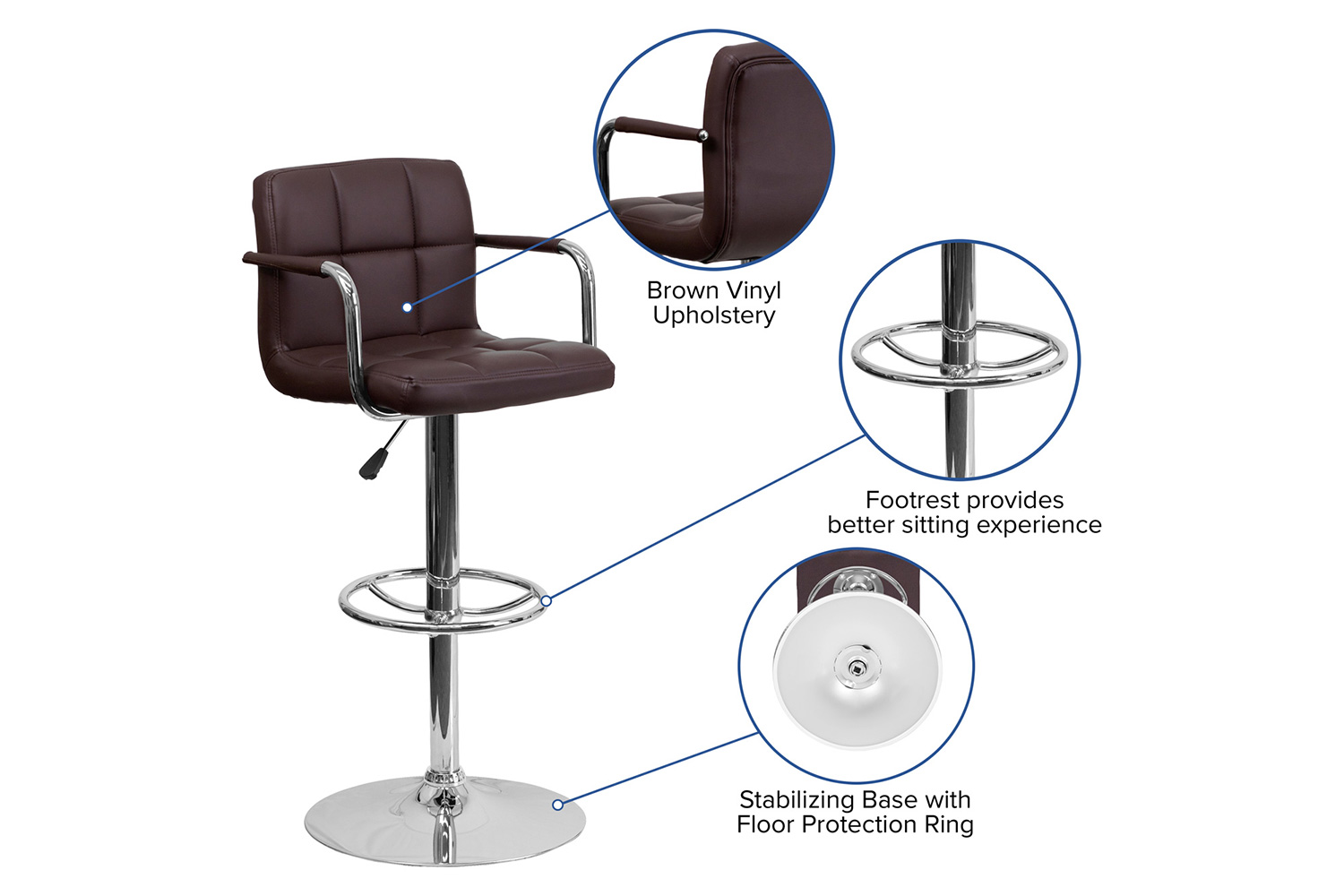 BLNK™ Genna Quilted Vinyl Adjustable Height Bar Stool with Arms and Chrome Base - Brown