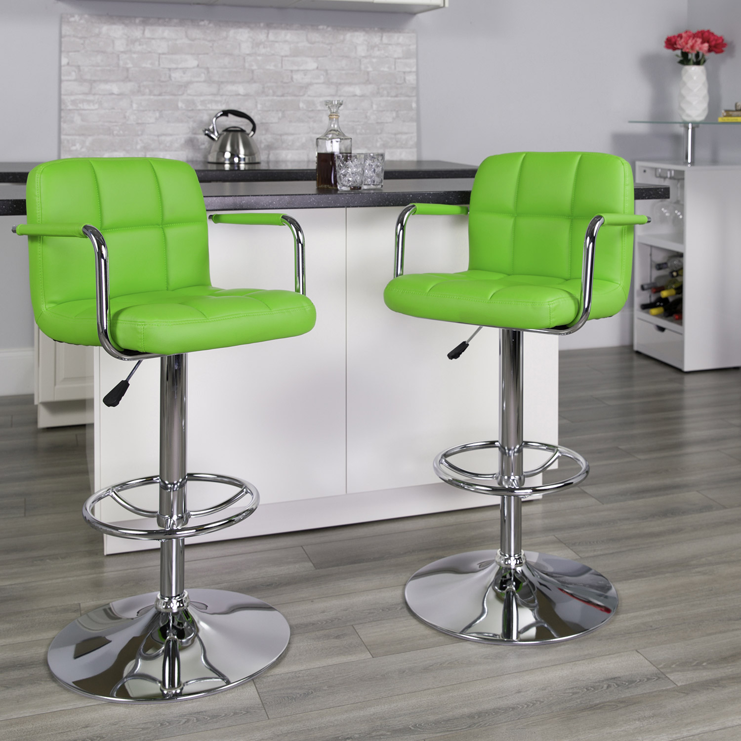 BLNK Genna Quilted Vinyl Adjustable Height Bar Stool with Arms and Chrome Base