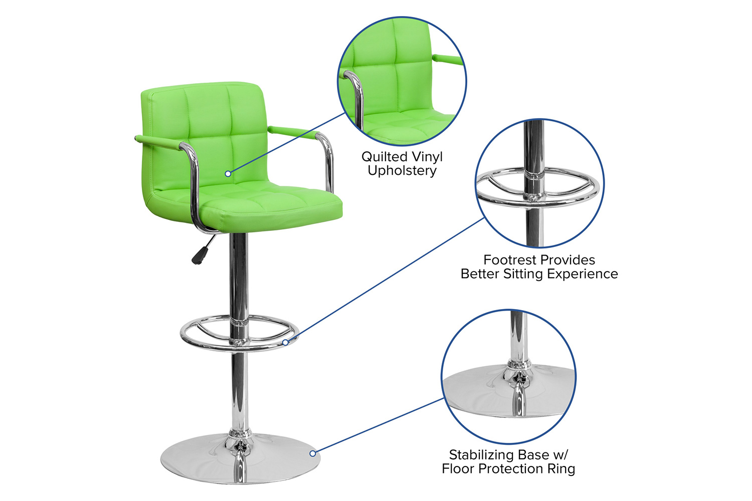 BLNK™ Genna Quilted Vinyl Adjustable Height Bar Stool with Arms and Chrome Base - Green