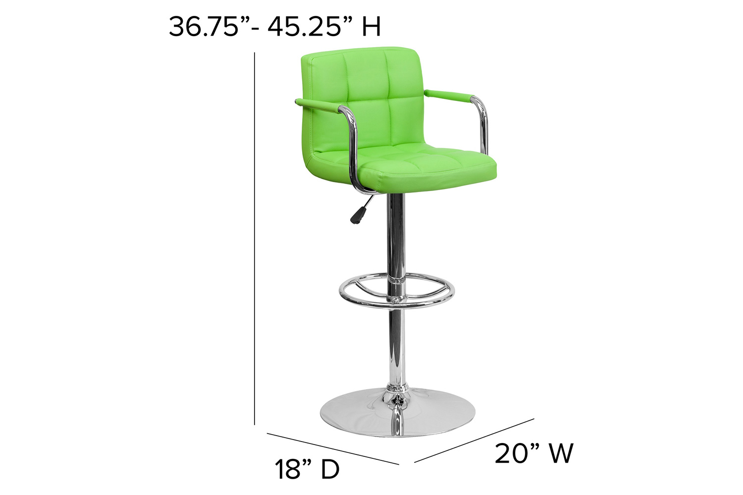 BLNK™ Genna Quilted Vinyl Adjustable Height Bar Stool with Arms and Chrome Base - Green