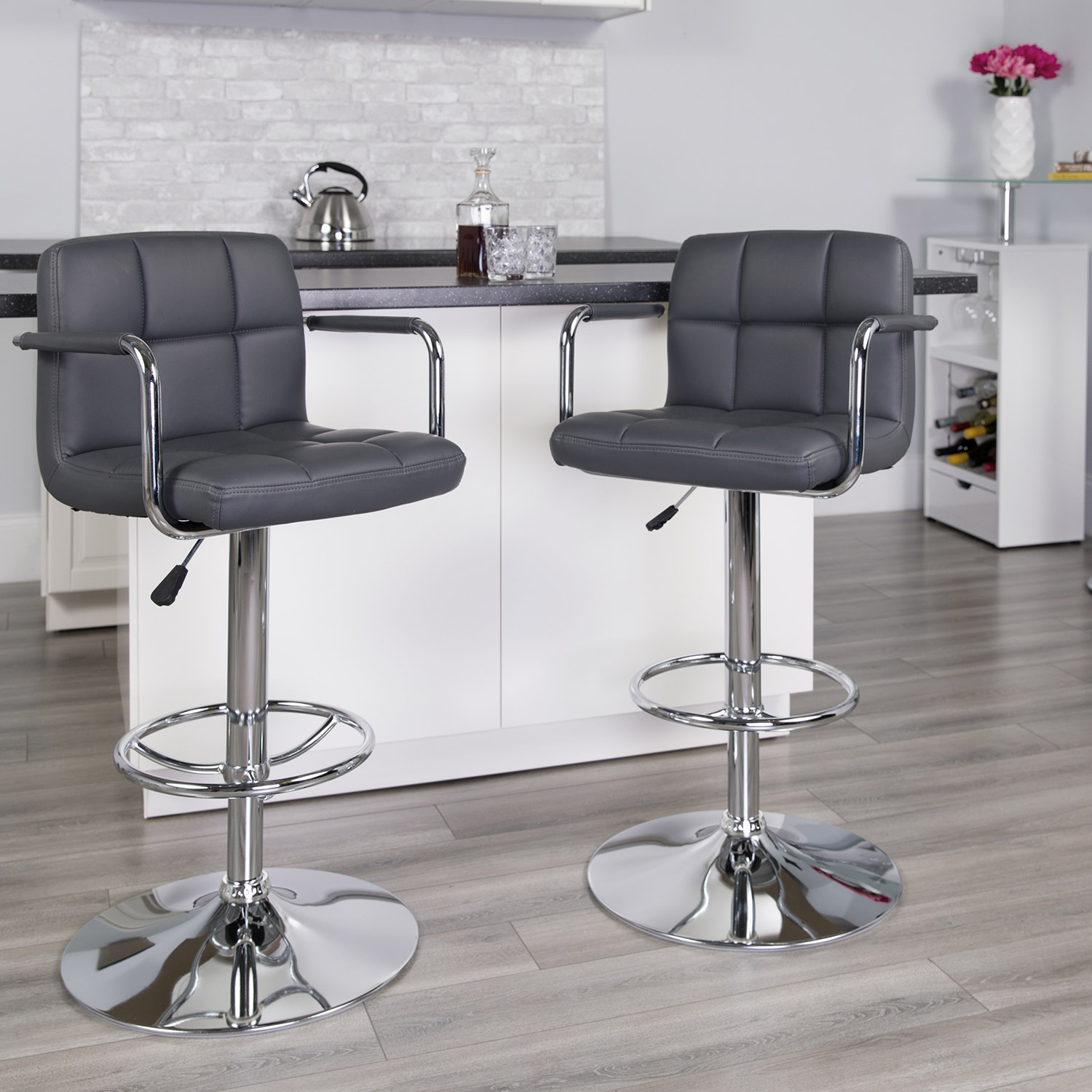 BLNK Genna Quilted Vinyl Adjustable Height Bar Stool with Arms and Chrome Base