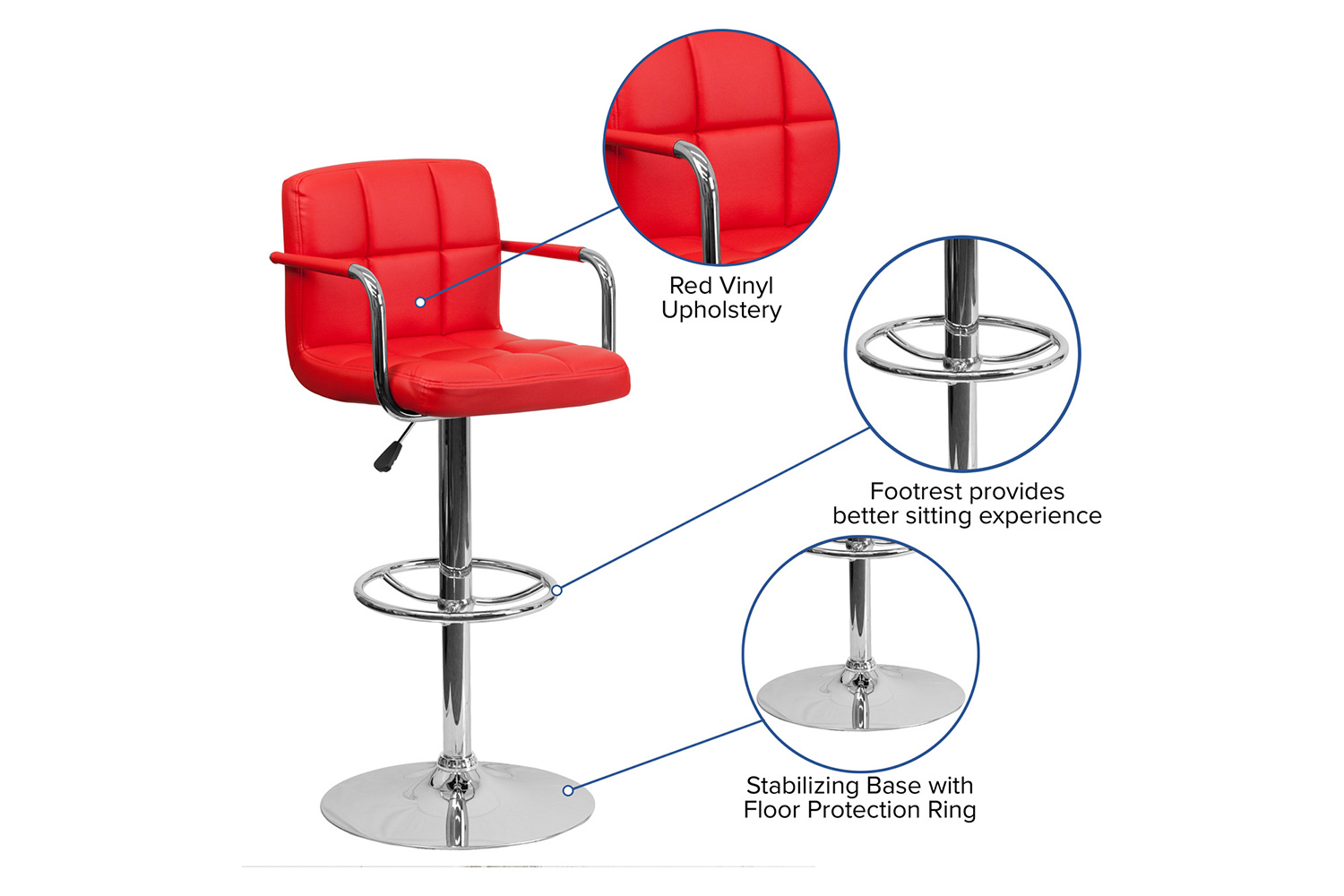 BLNK Genna Quilted Vinyl Adjustable Height Bar Stool with Arms and Chrome Base - Red