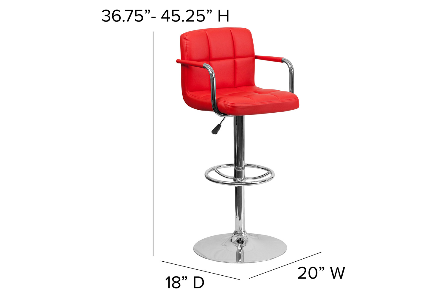 BLNK Genna Quilted Vinyl Adjustable Height Bar Stool with Arms and Chrome Base - Red