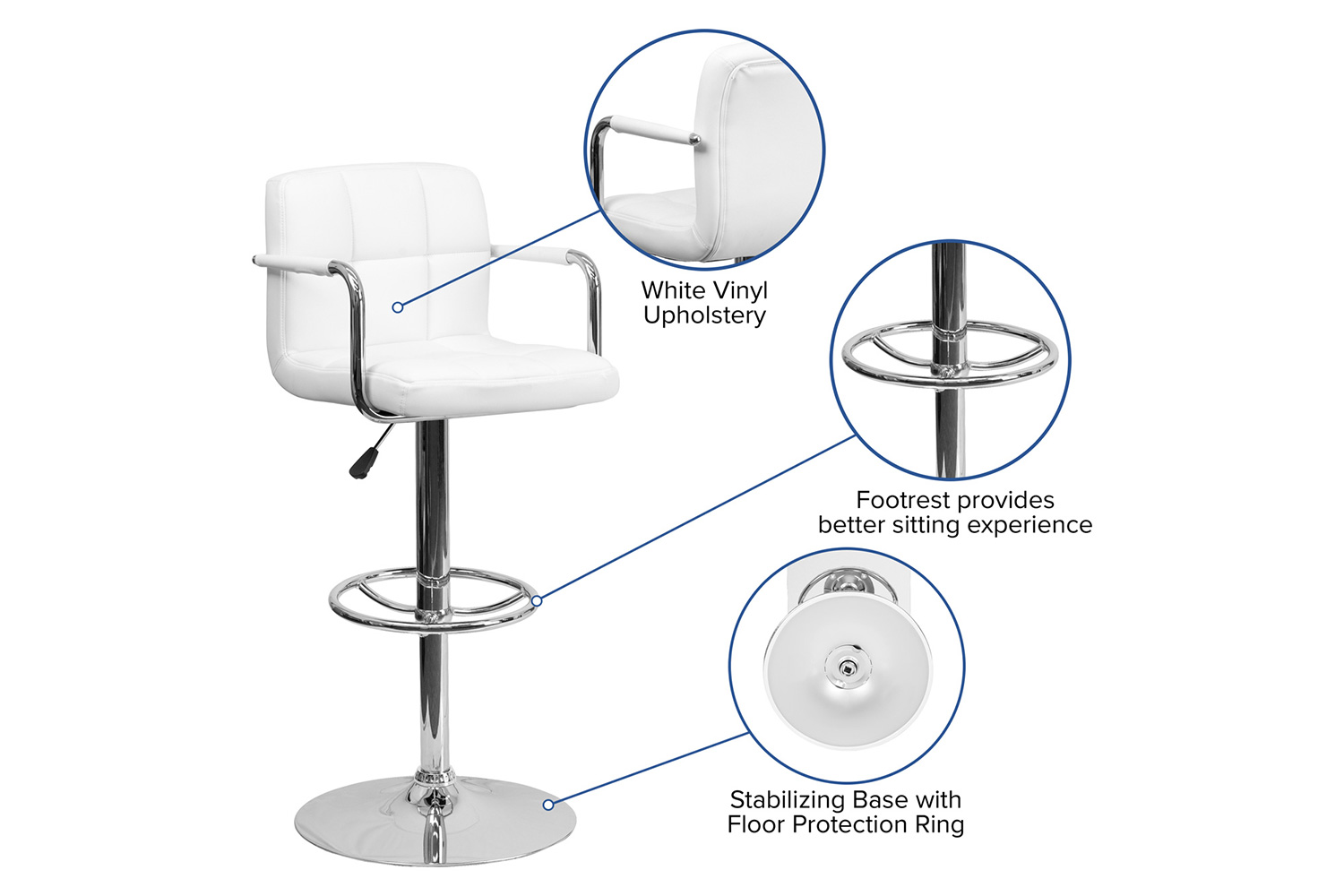 BLNK™ Genna Quilted Vinyl Adjustable Height Bar Stool with Arms and Chrome Base - White