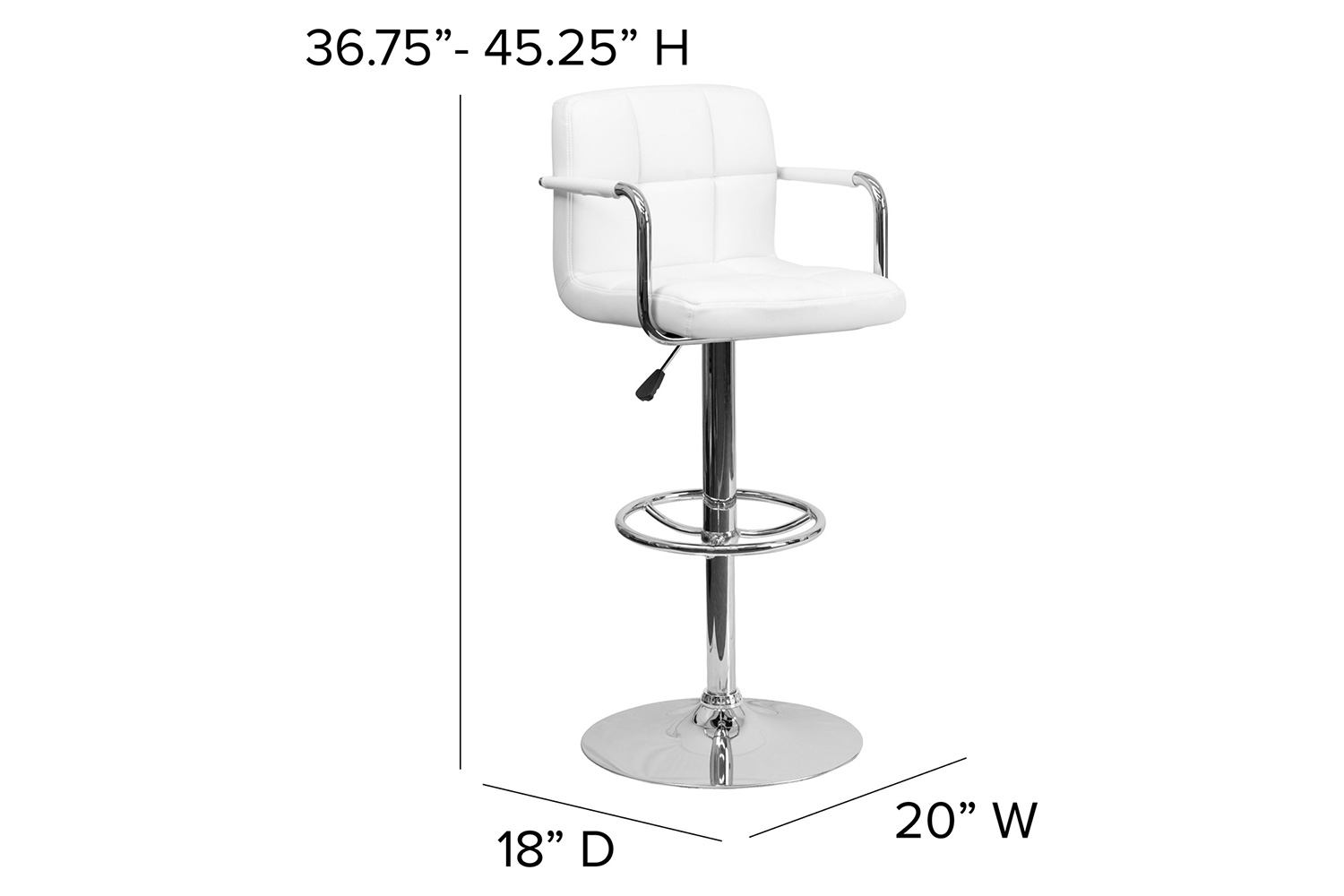 BLNK™ Genna Quilted Vinyl Adjustable Height Bar Stool with Arms and Chrome Base - White