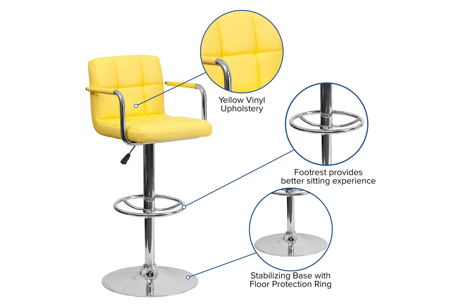 BLNK™ Genna Quilted Vinyl Adjustable Height Bar Stool with Arms and Chrome Base - Yellow