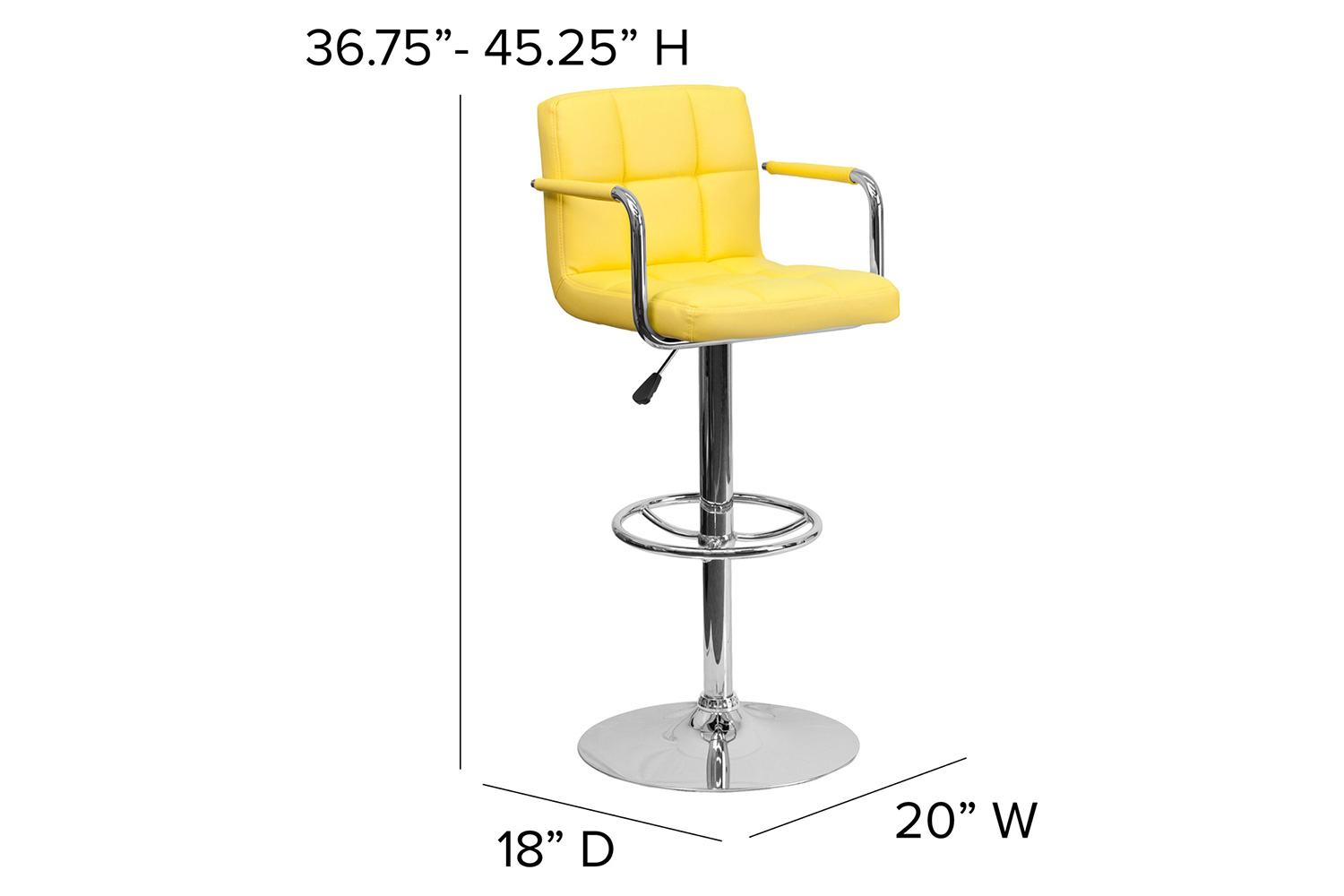 BLNK™ Genna Quilted Vinyl Adjustable Height Bar Stool with Arms and Chrome Base - Yellow