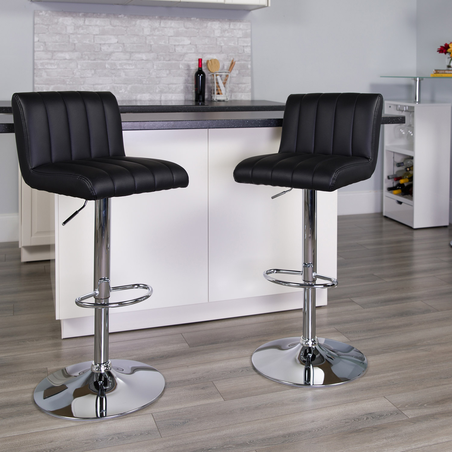 BLNK Genevieve Vinyl Adjustable Height Bar Stool with Vertical Stitch Back/Seat and Chrome Base