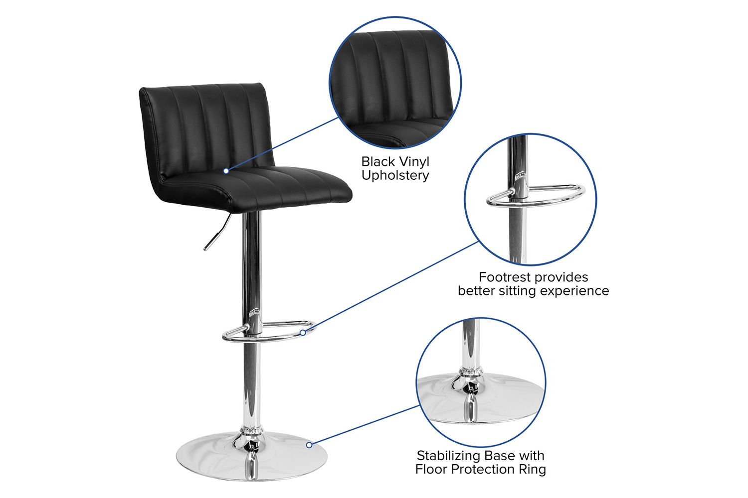 BLNK Genevieve Vinyl Adjustable Height Bar Stool with Vertical Stitch Back/Seat and Chrome Base - Black