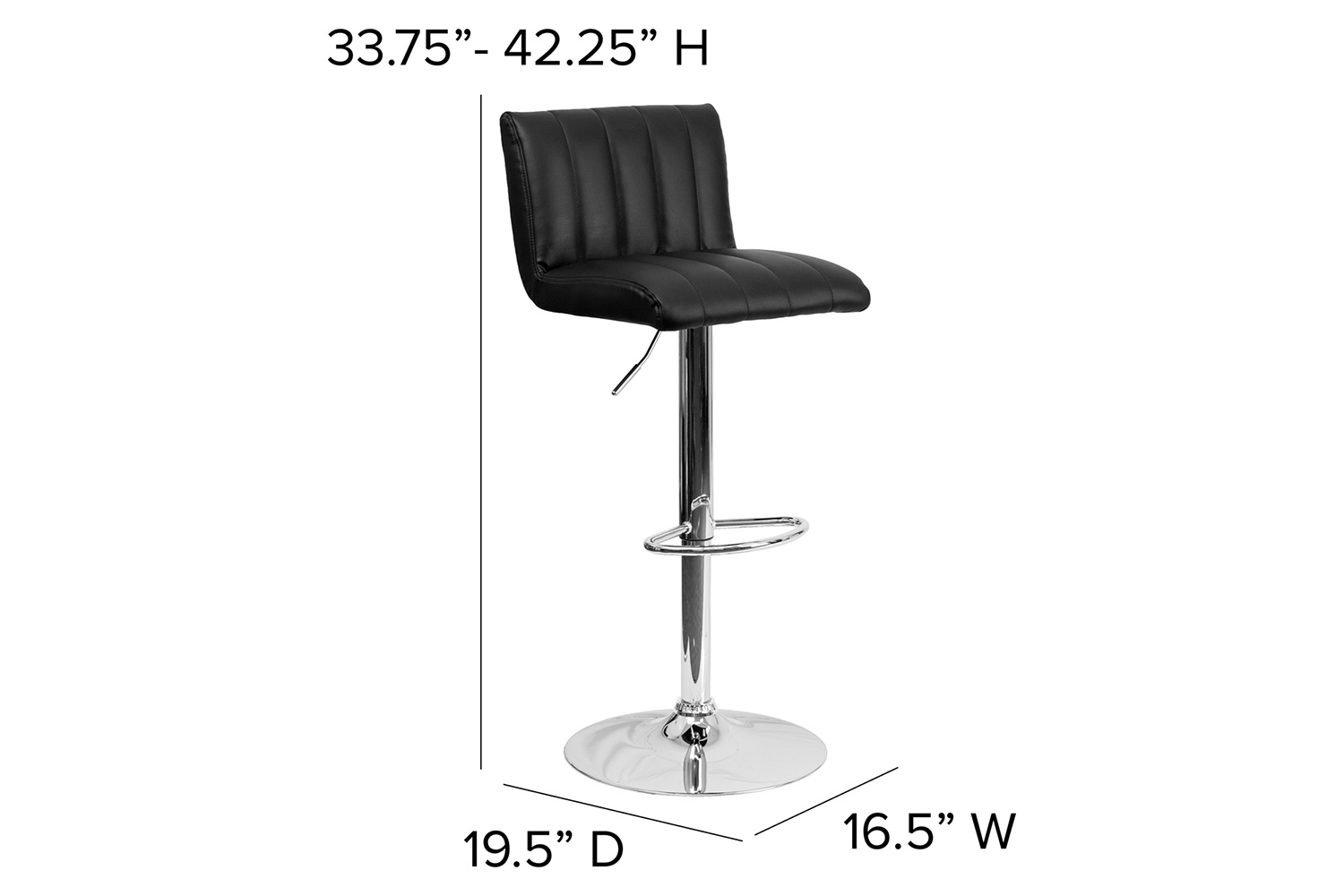 BLNK Genevieve Vinyl Adjustable Height Bar Stool with Vertical Stitch Back/Seat and Chrome Base - Black