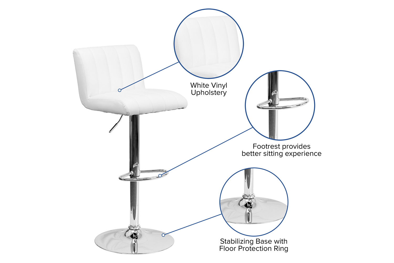 BLNK Genevieve Vinyl Adjustable Height Bar Stool with Vertical Stitch Back/Seat and Chrome Base - White