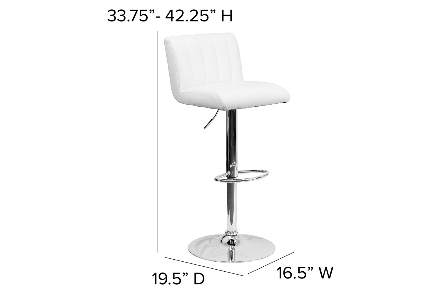 BLNK Genevieve Vinyl Adjustable Height Bar Stool with Vertical Stitch Back/Seat and Chrome Base - White